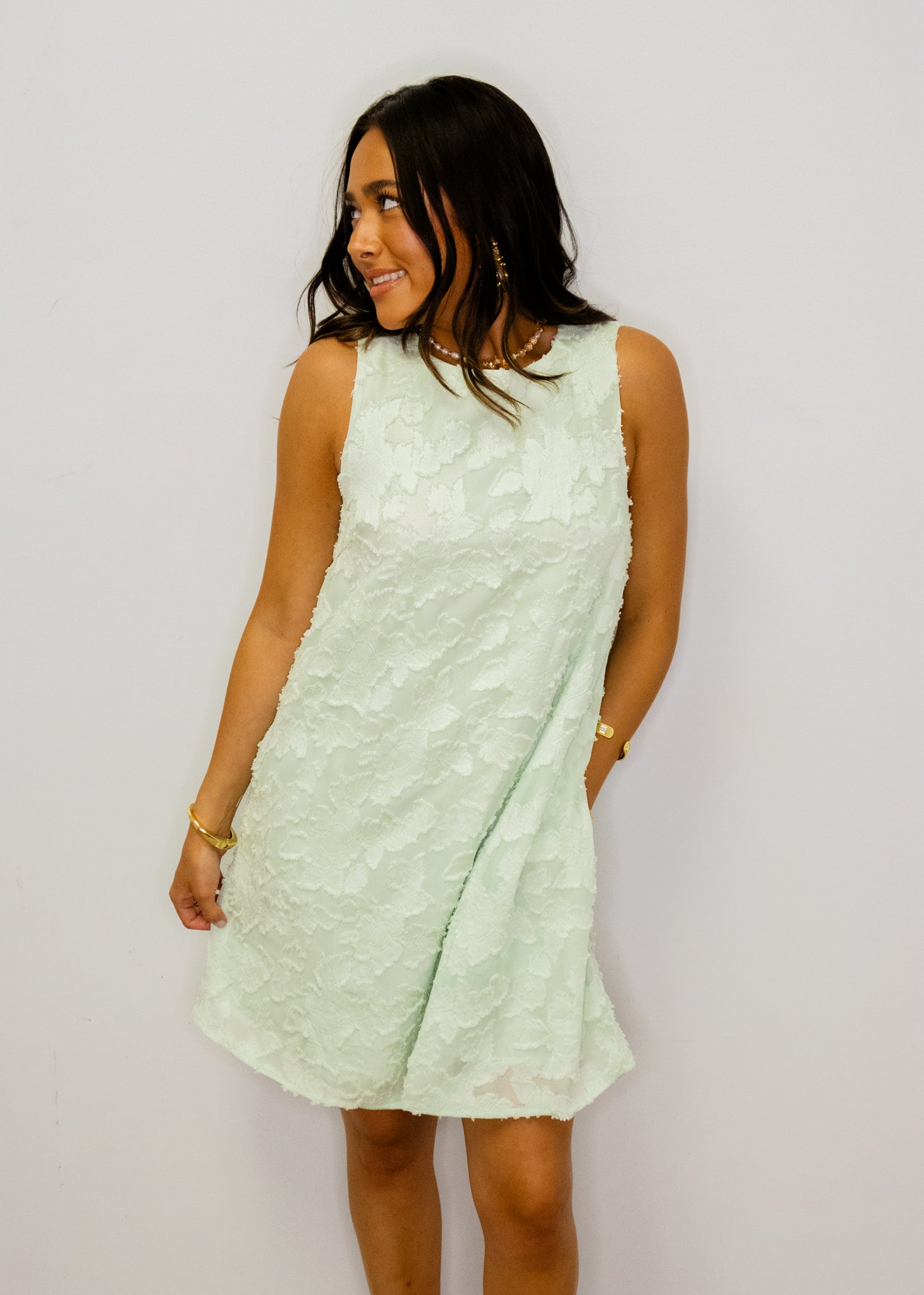 Pearl Green Jacquard A-Line Dress