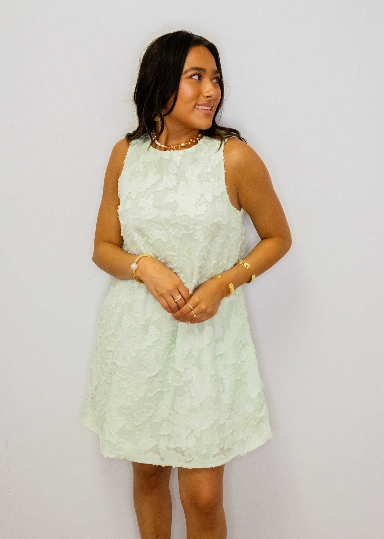 Pearl Green Jacquard A-Line Dress