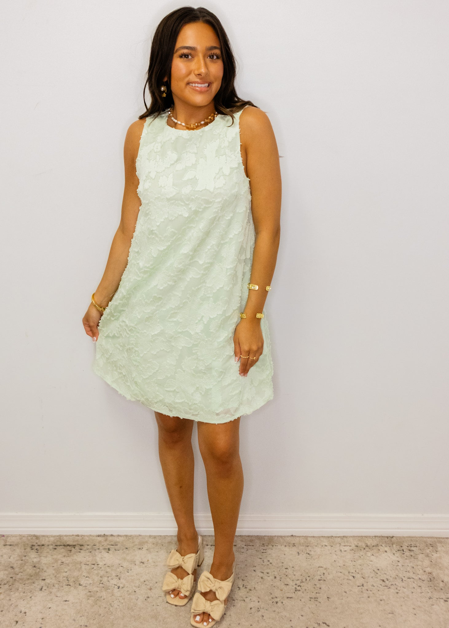 Pearl Green Jacquard A-Line Dress