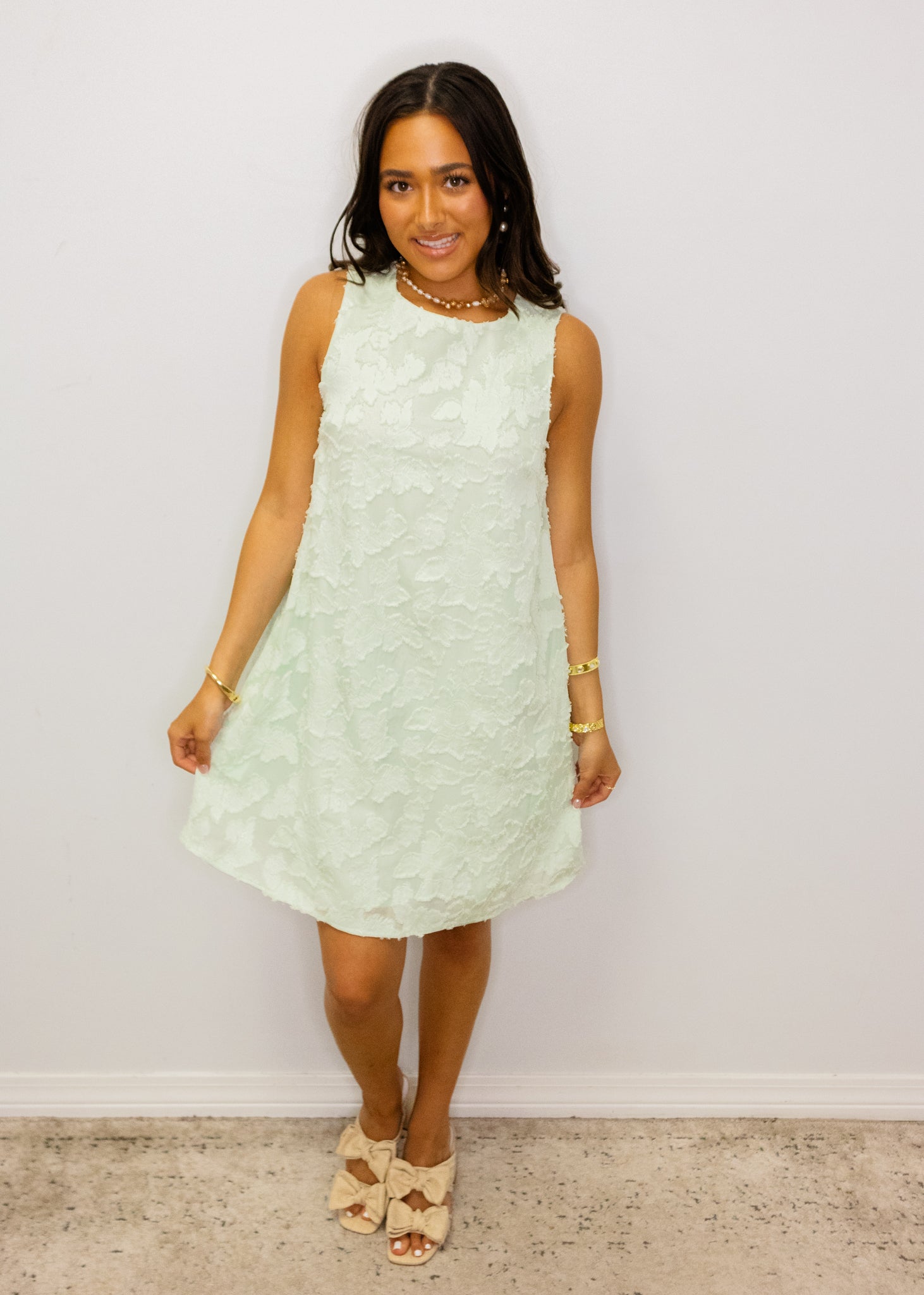 Pearl Green Jacquard A-Line Dress