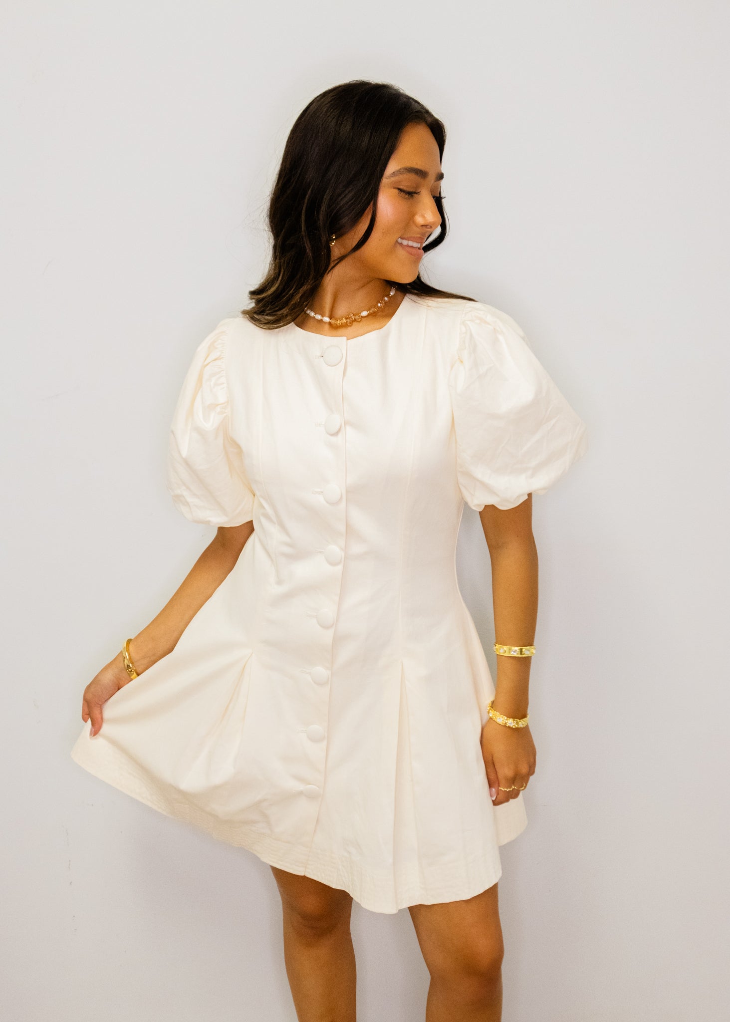 Off White Voluminous Puff Sleeves Covered Button Down Dress