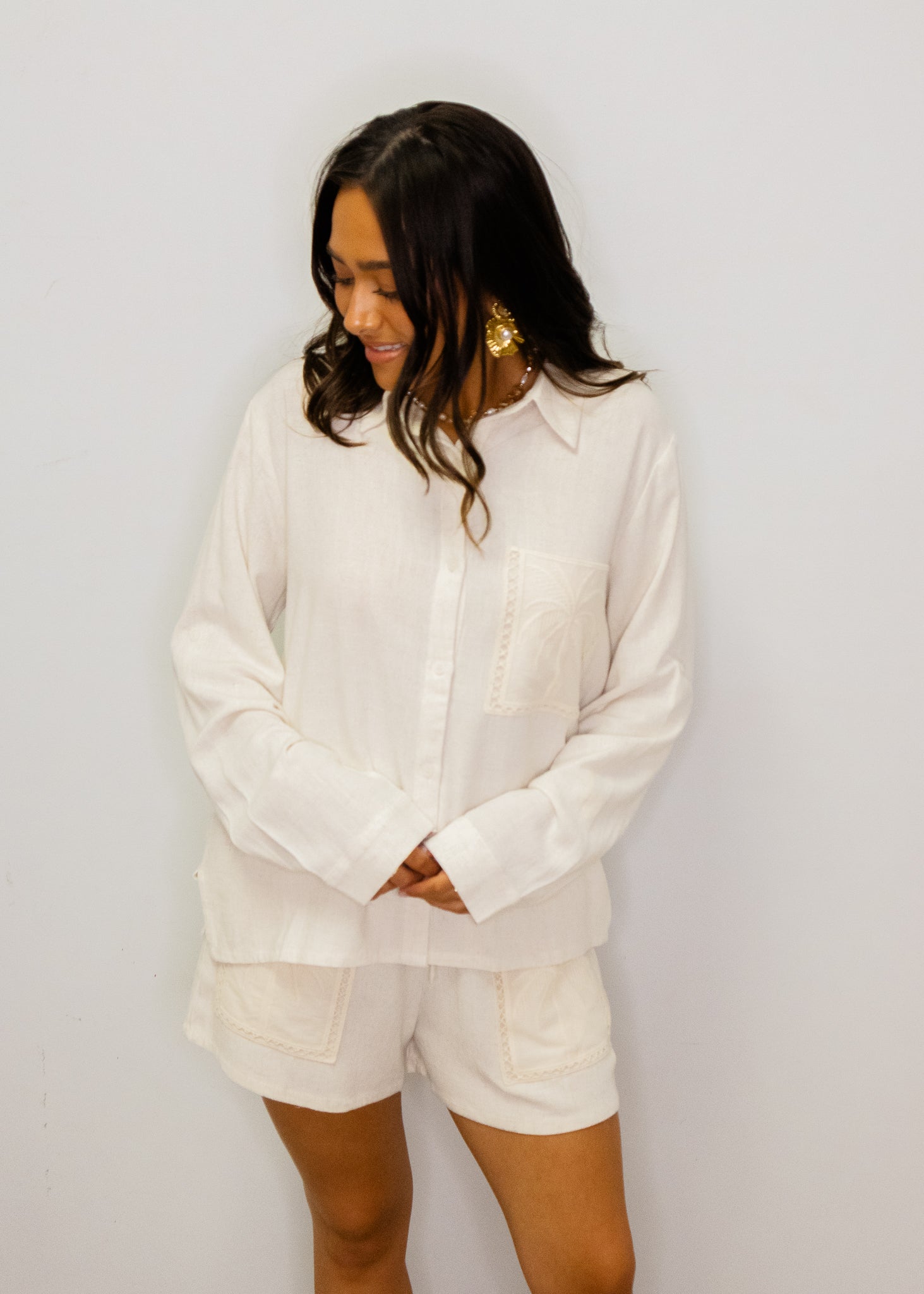 Natural Linen Palm Tree Shorts Set