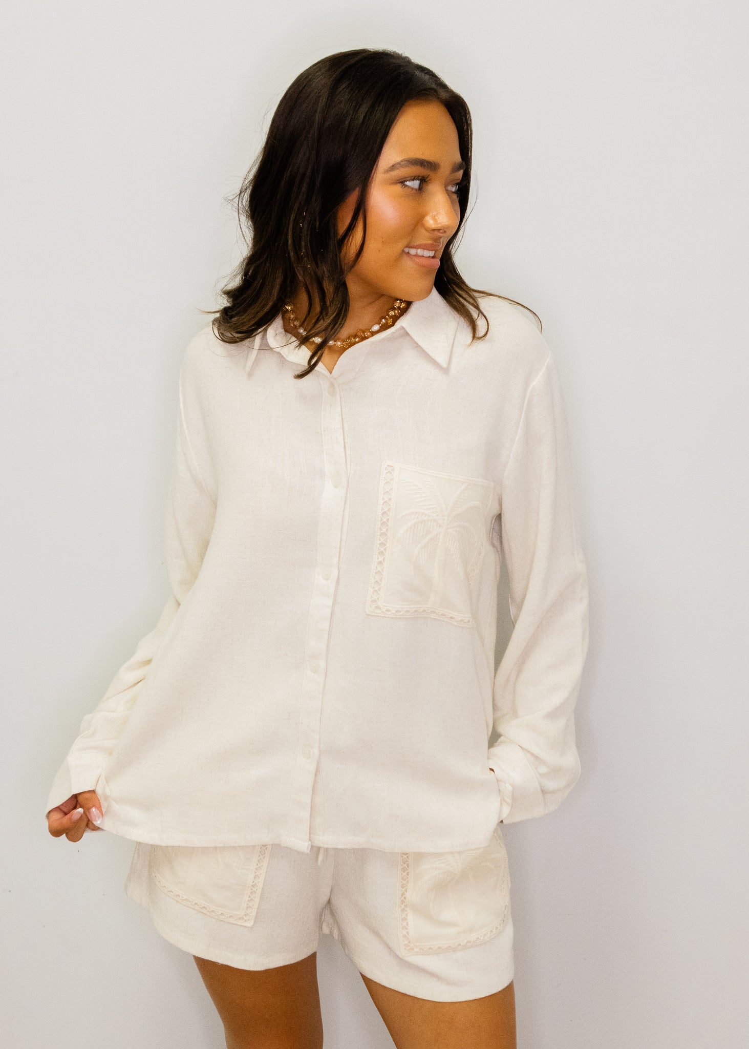Natural Linen Palm Tree Shorts Set