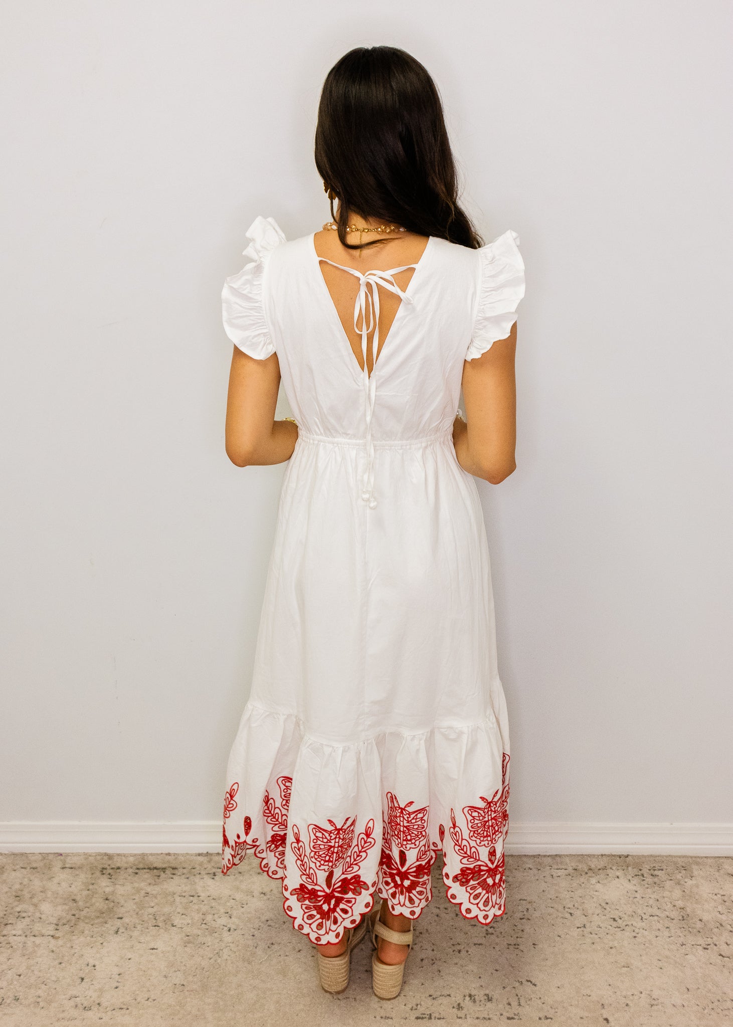 White with Red Embroidery Maxi Dress