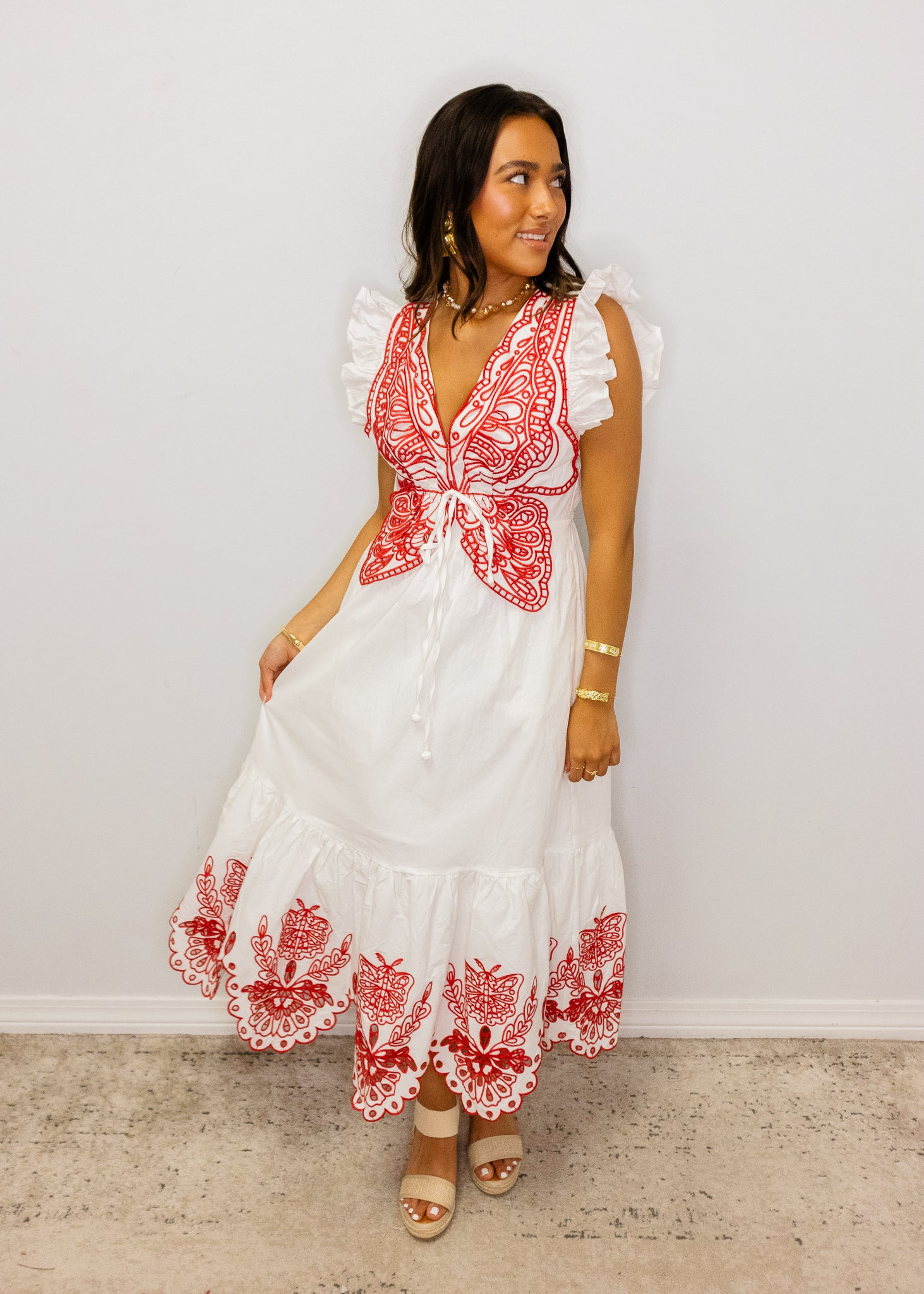 White with Red Embroidery Maxi Dress