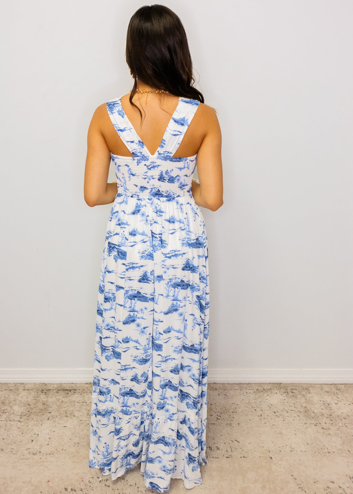 White & Blue Scenic Halter Maxi Dress