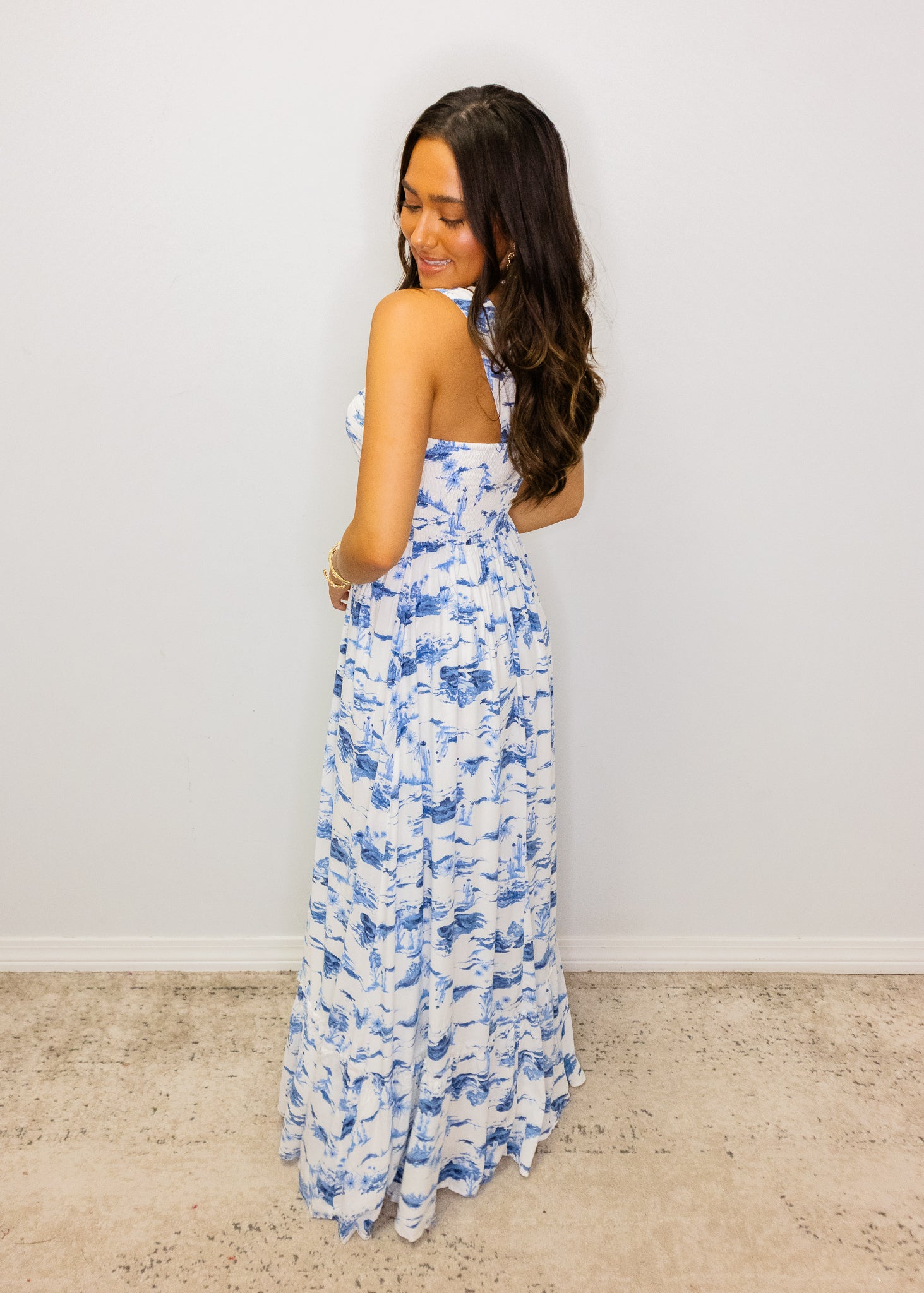 White & Blue Scenic Halter Maxi Dress