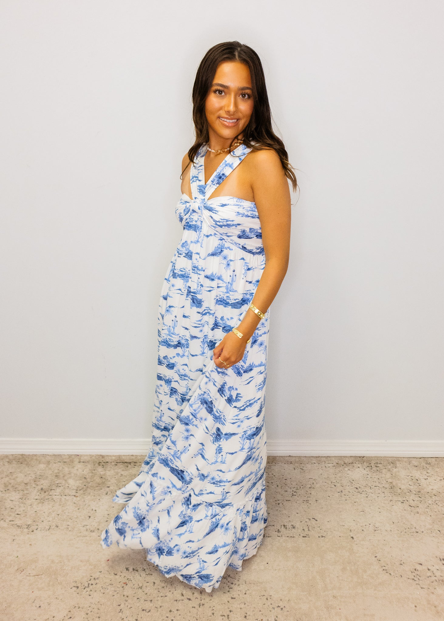 White & Blue Scenic Halter Maxi Dress