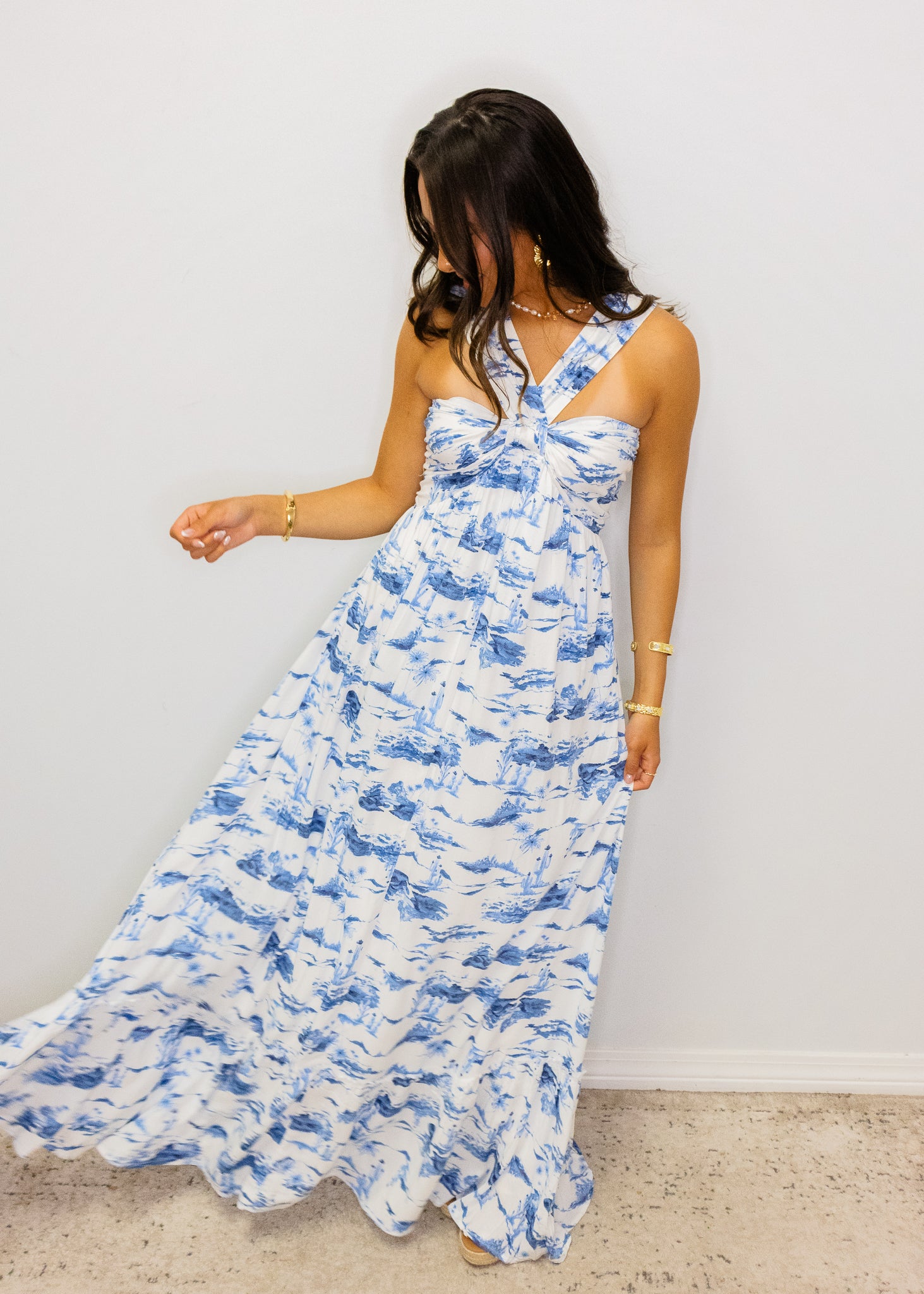 White & Blue Scenic Halter Maxi Dress