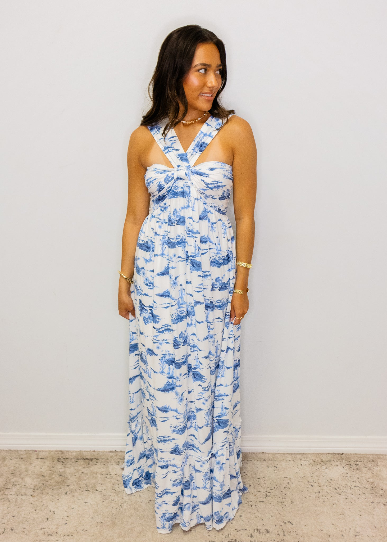 White & Blue Scenic Halter Maxi Dress