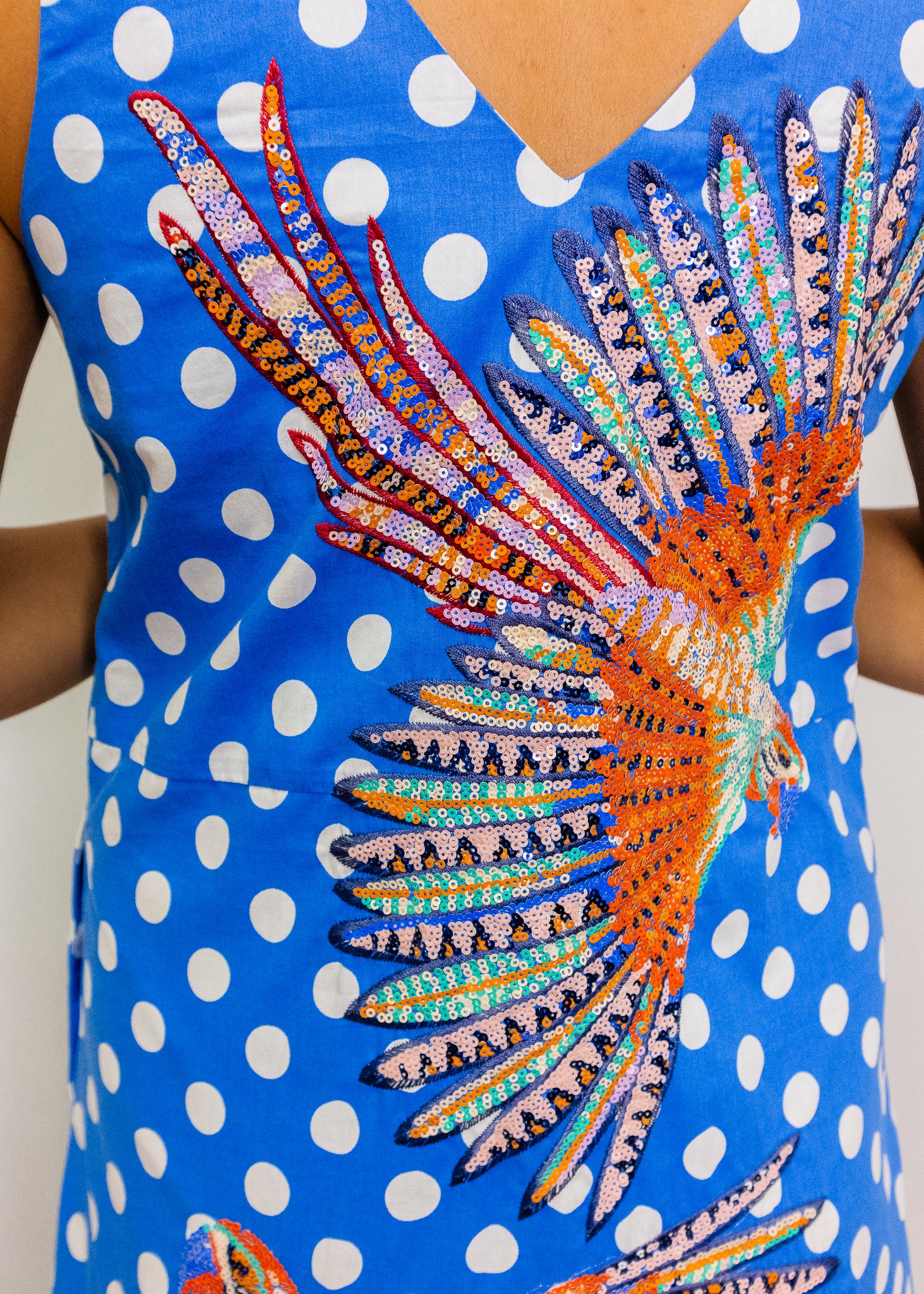 Blue & White Polka Dot Bird Cotton Midi Dress