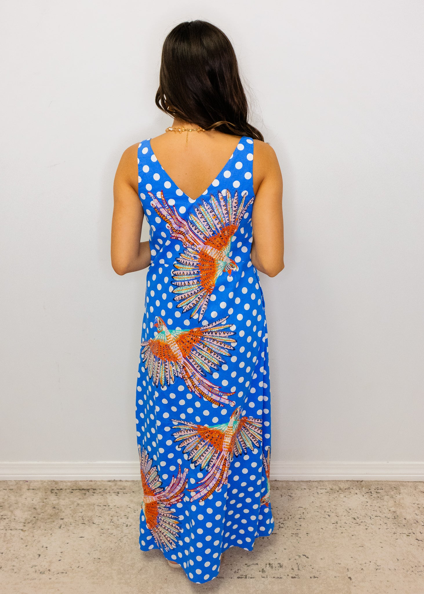 Blue & White Polka Dot Bird Cotton Midi Dress