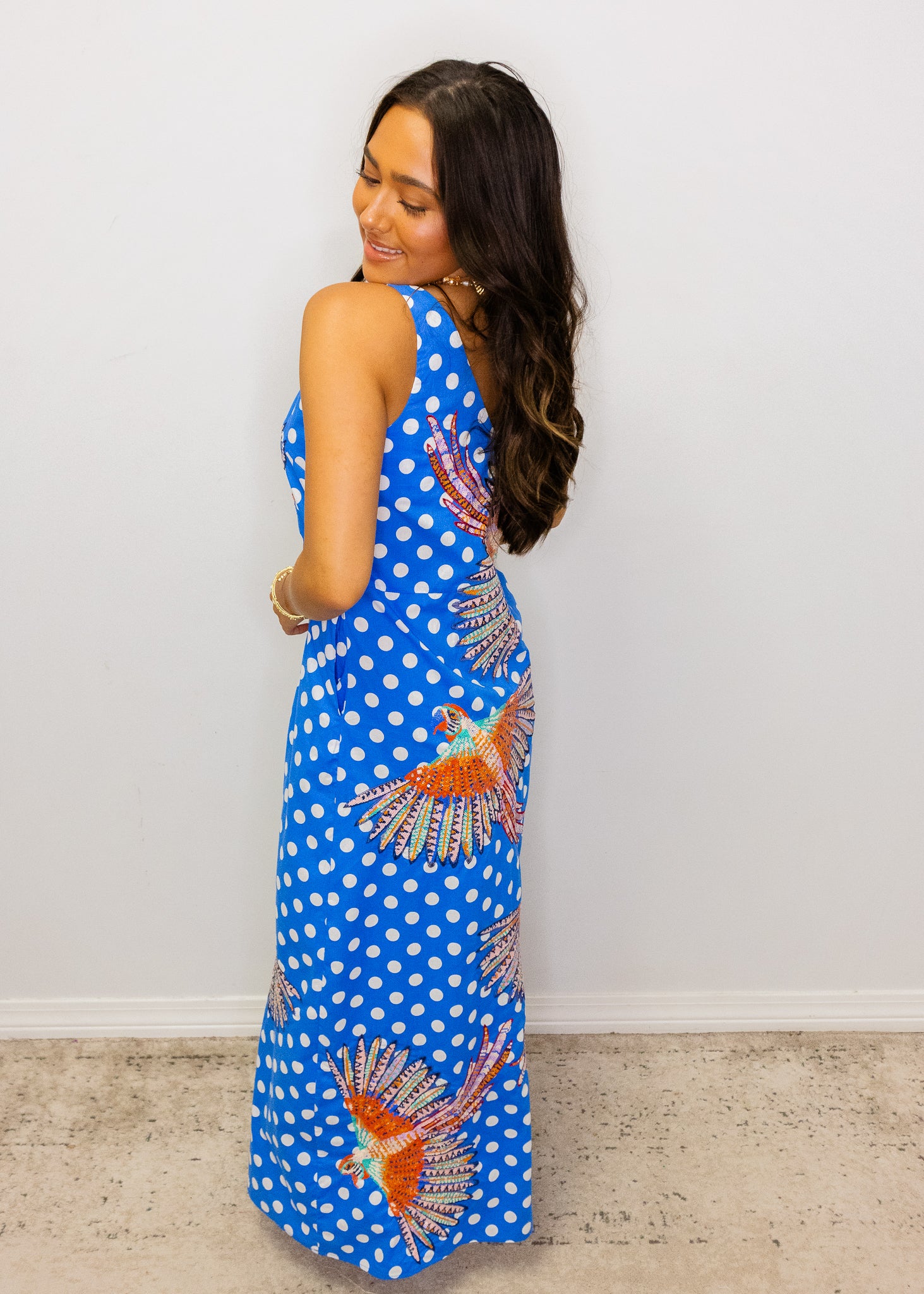 Blue & White Polka Dot Bird Cotton Midi Dress