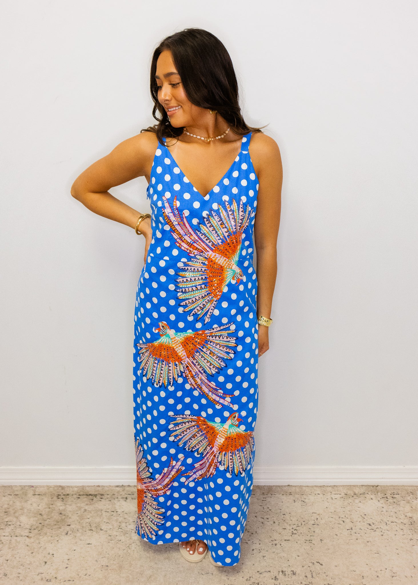 Blue & White Polka Dot Bird Cotton Midi Dress