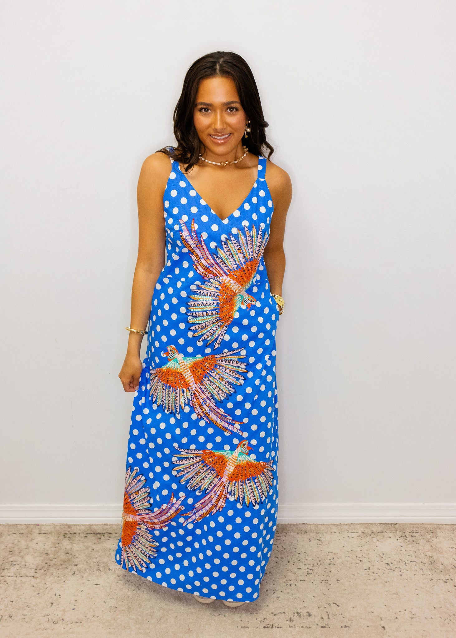 Blue & White Polka Dot Bird Cotton Midi Dress