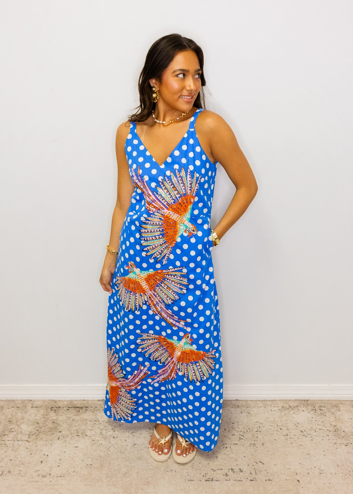 Blue & White Polka Dot Bird Cotton Midi Dress