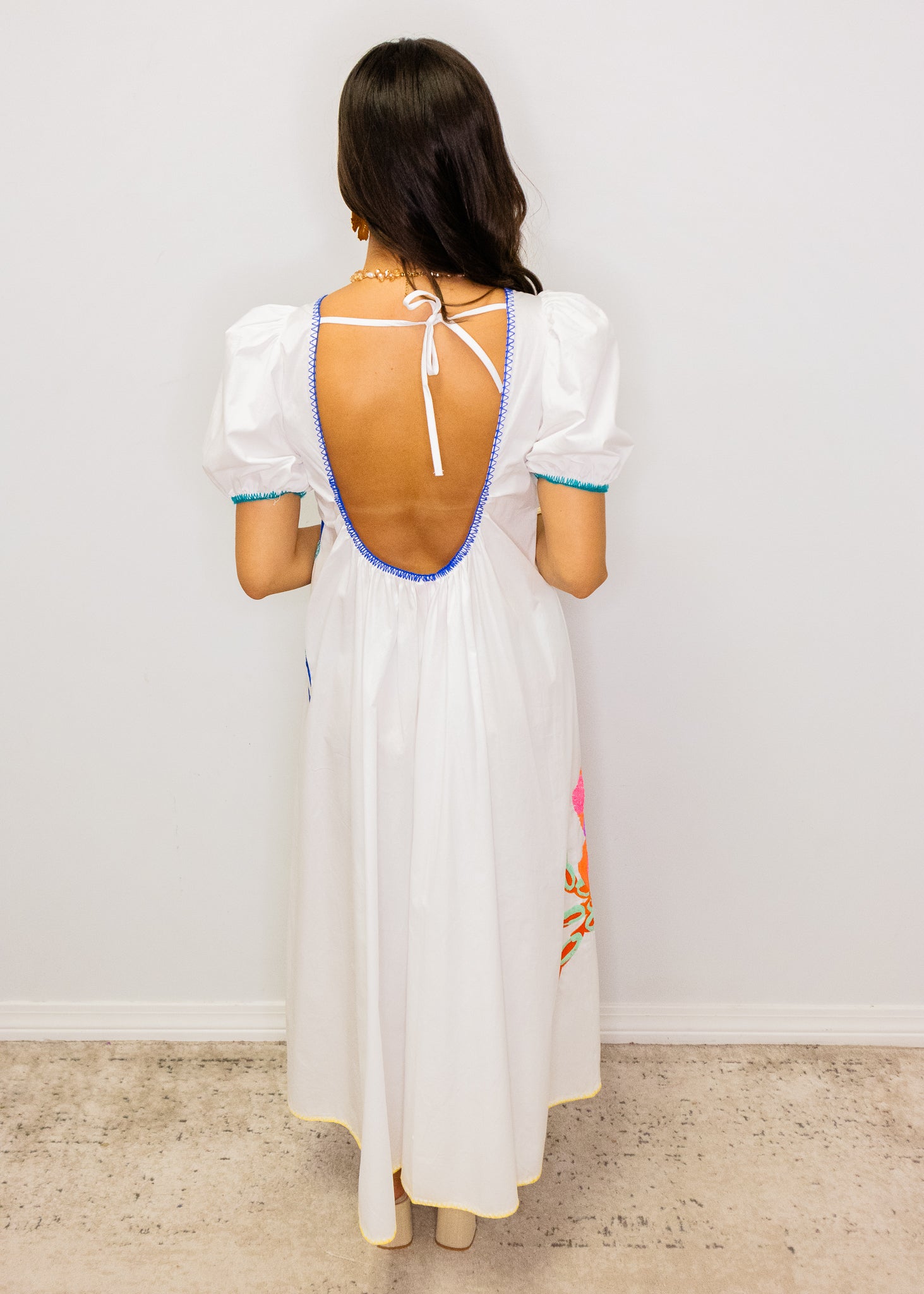 White Tie Back Multi Crab Cotton Midi Dress