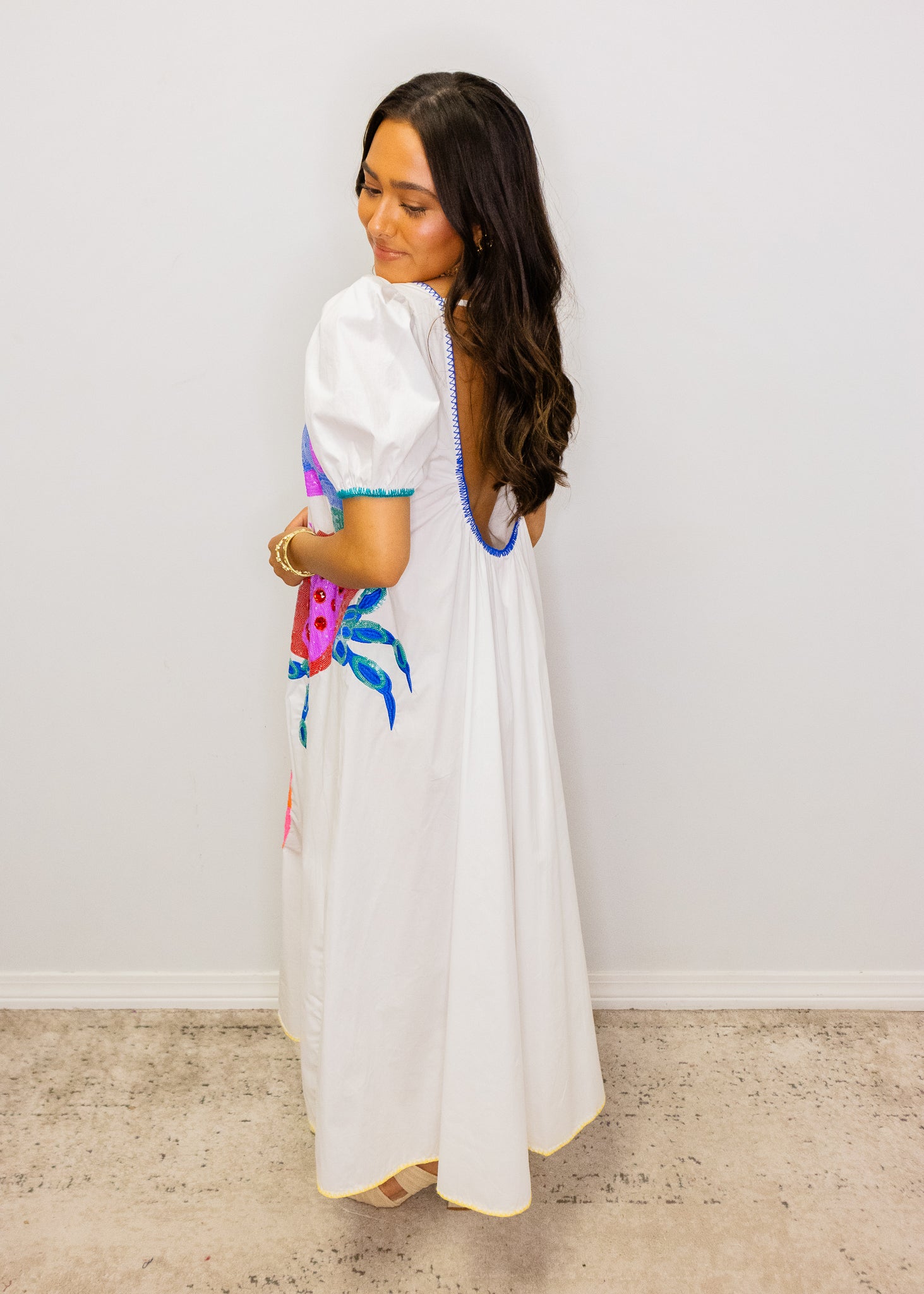 White Tie Back Multi Crab Cotton Midi Dress