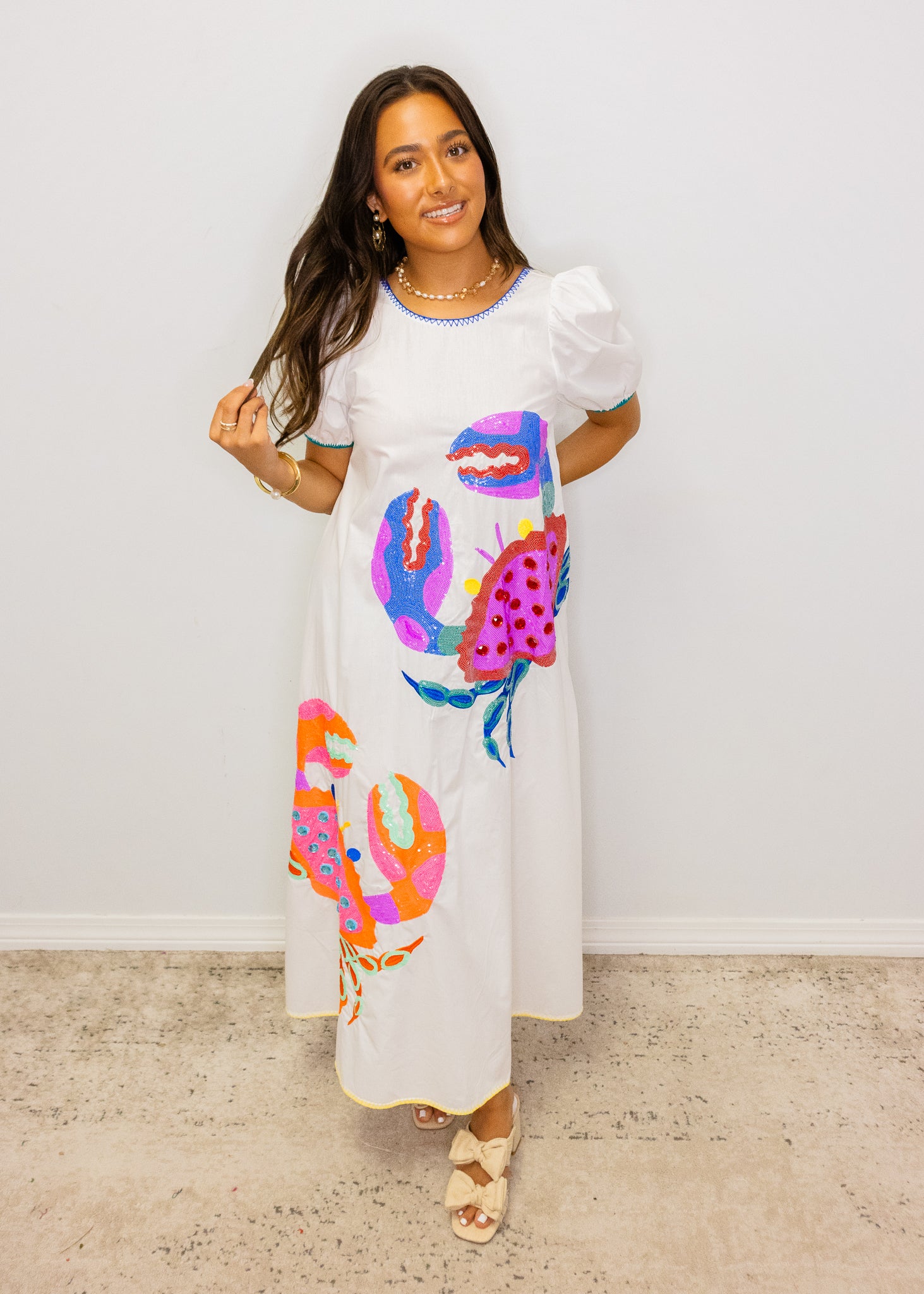 White Tie Back Multi Crab Cotton Midi Dress