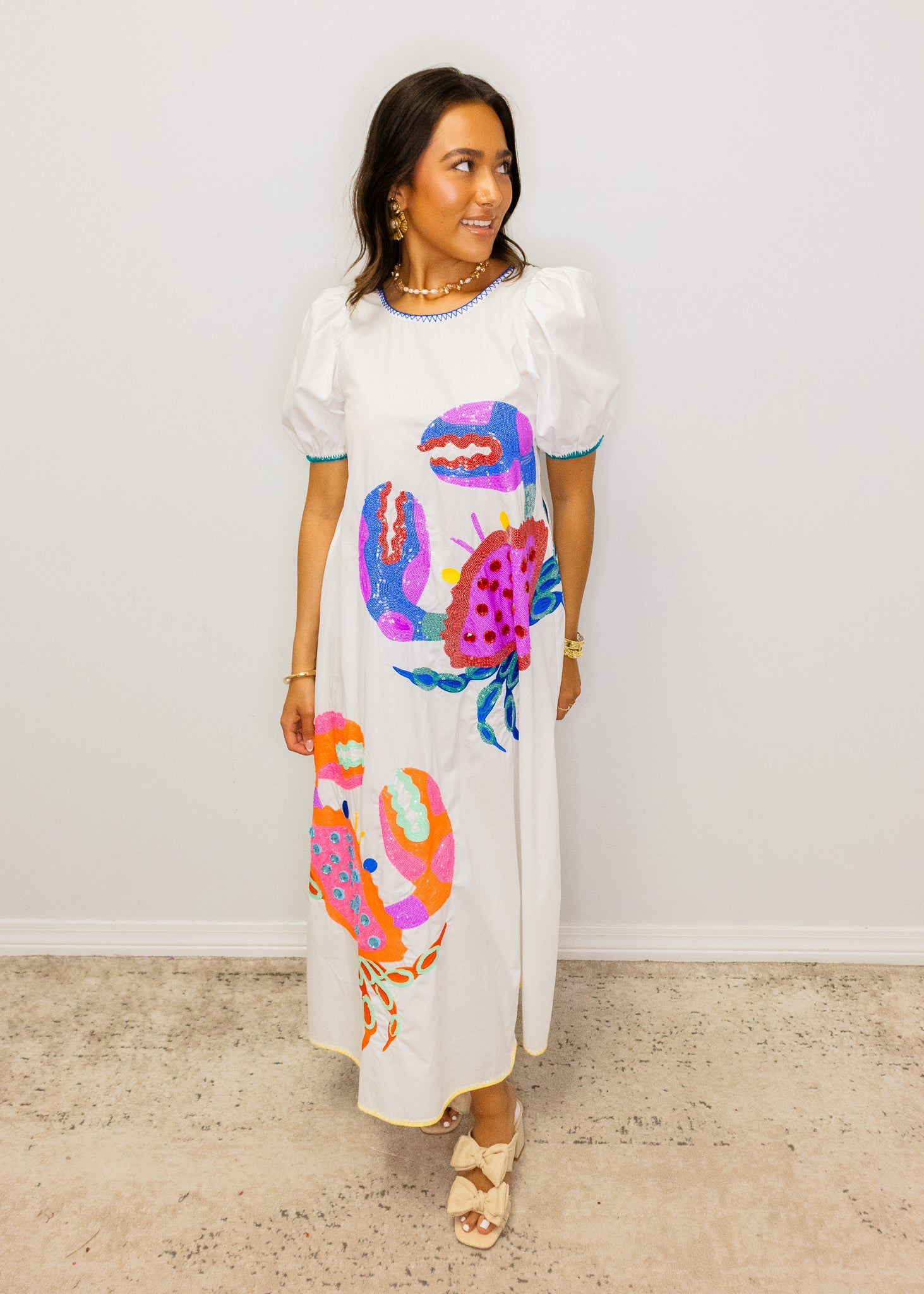 White Tie Back Multi Crab Cotton Midi Dress
