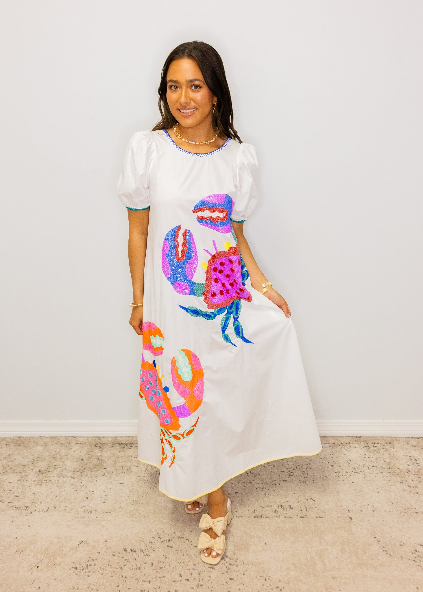 White Tie Back Multi Crab Cotton Midi Dress