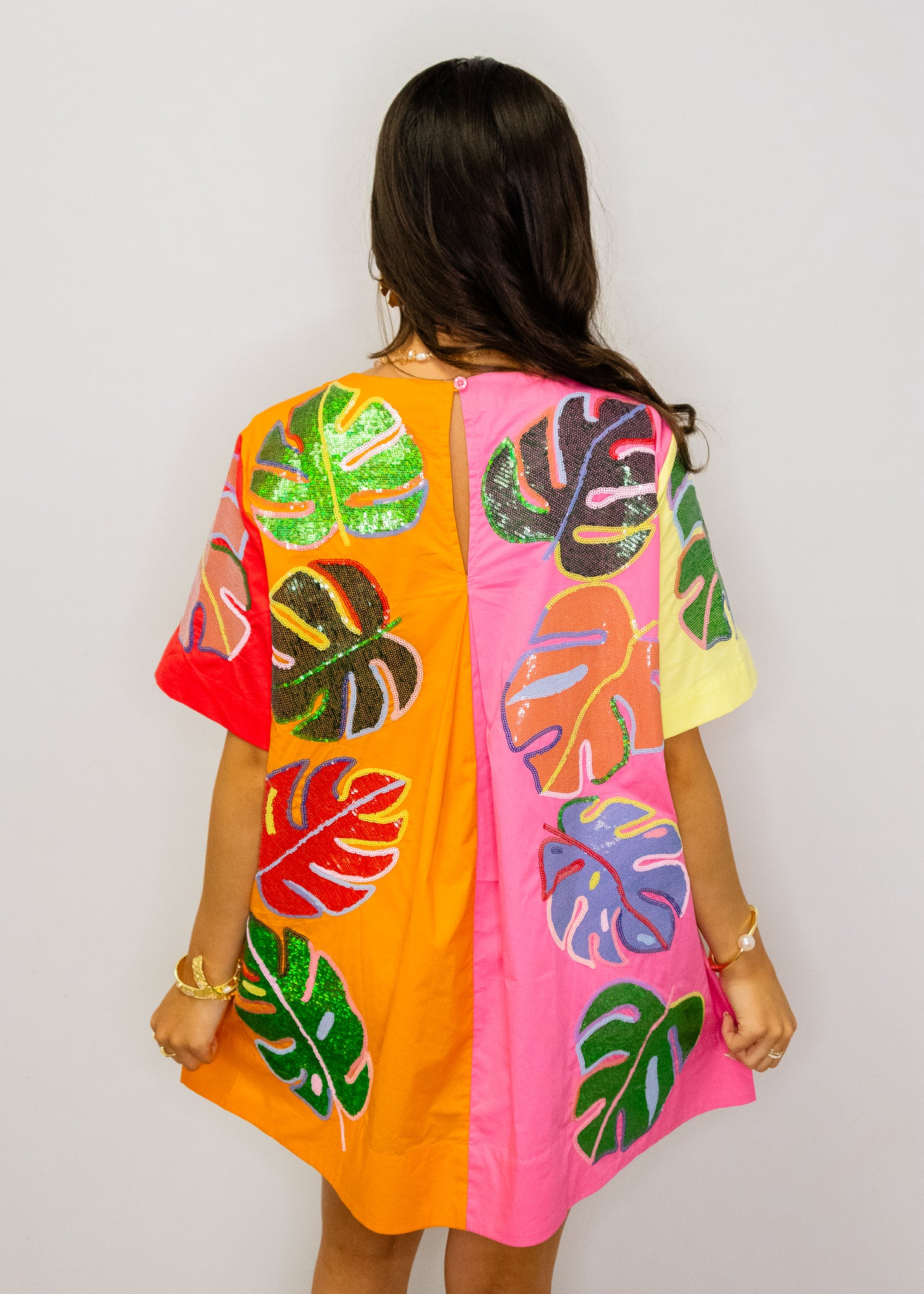 Colorblock Cotton Palm Leaf Short Sleeve Dress
