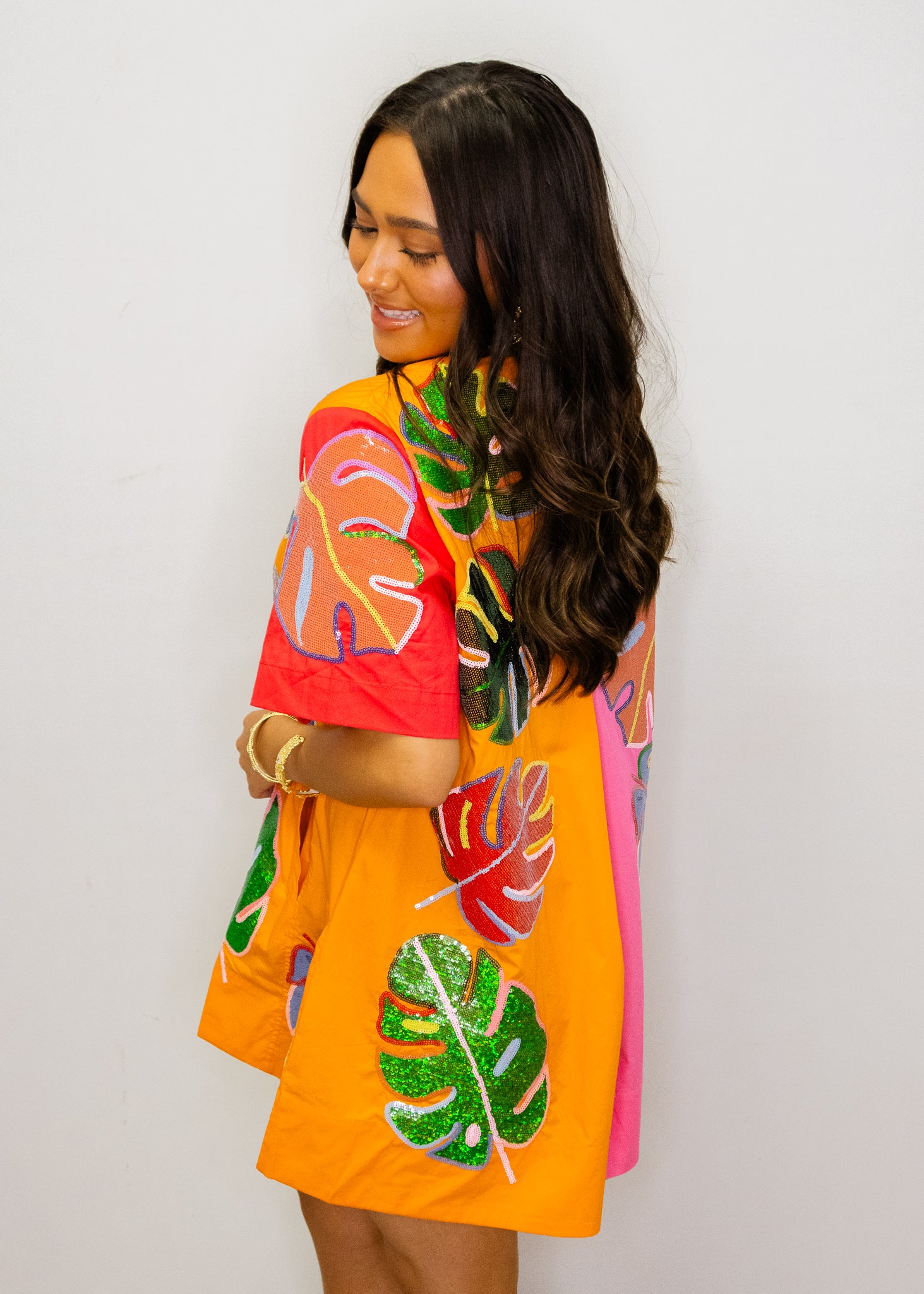 Colorblock Cotton Palm Leaf Short Sleeve Dress
