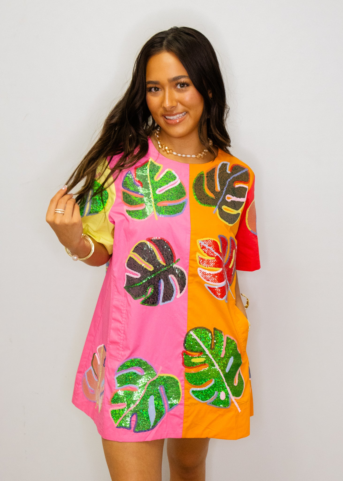 Colorblock Cotton Palm Leaf Short Sleeve Dress