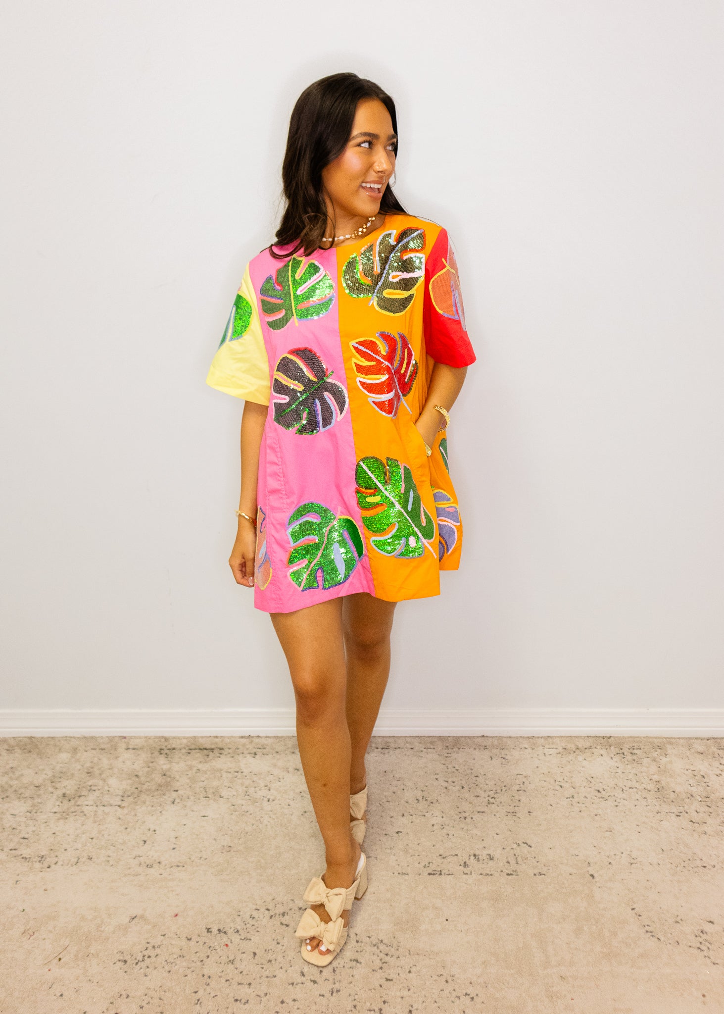 Colorblock Cotton Palm Leaf Short Sleeve Dress