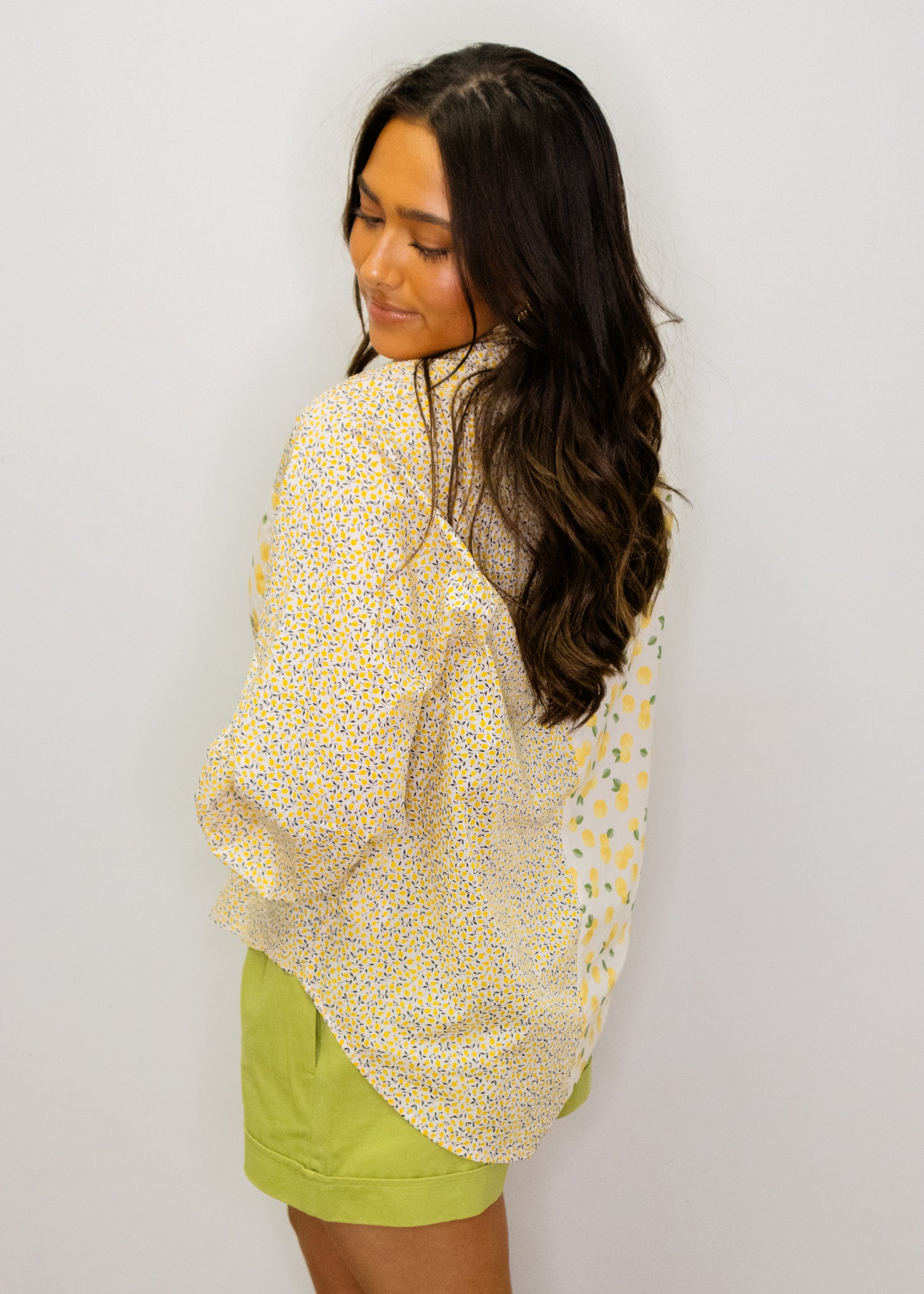 Ivory Multi Lemon Print Button Up Top