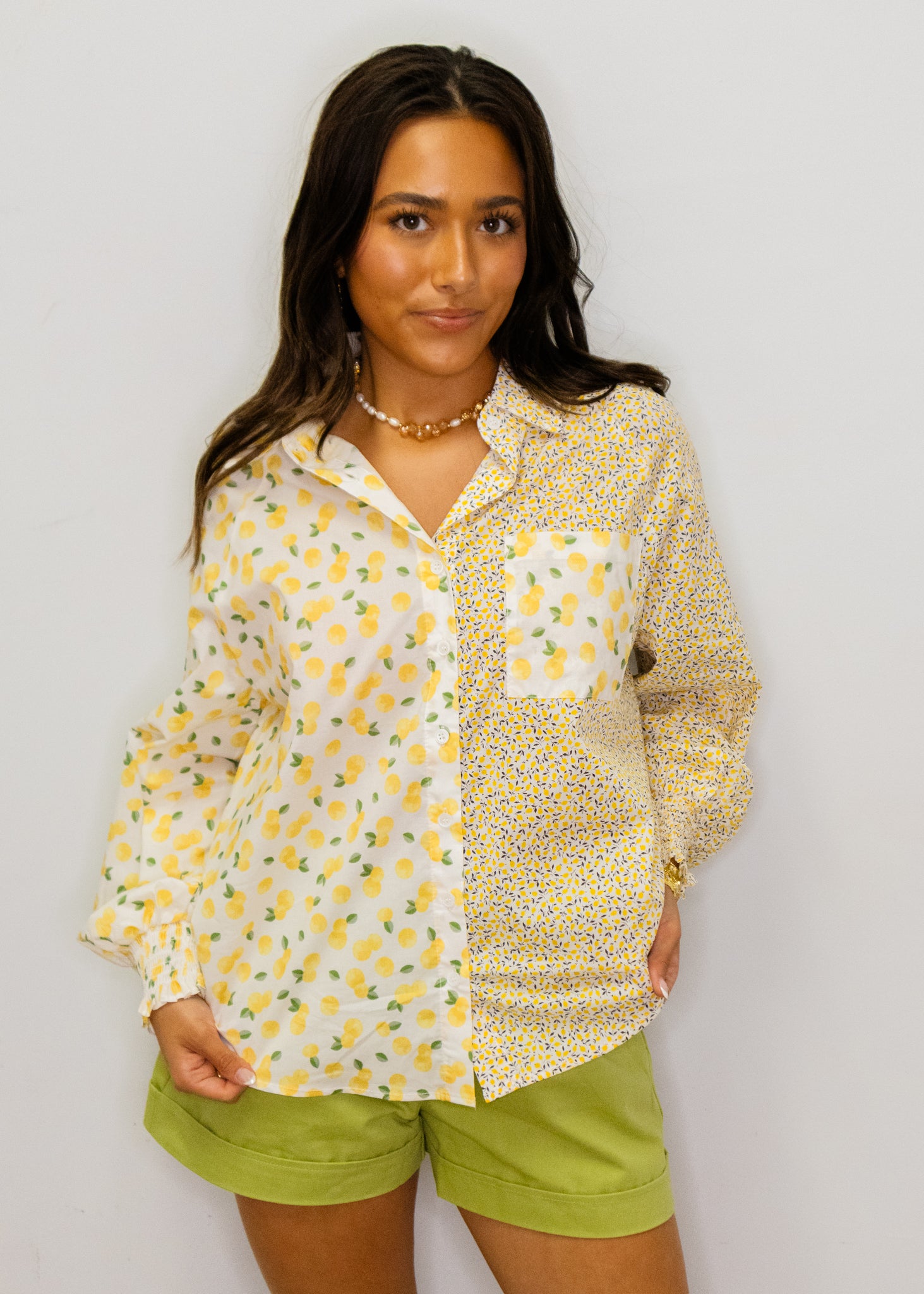 Ivory Multi Lemon Print Button Up Top