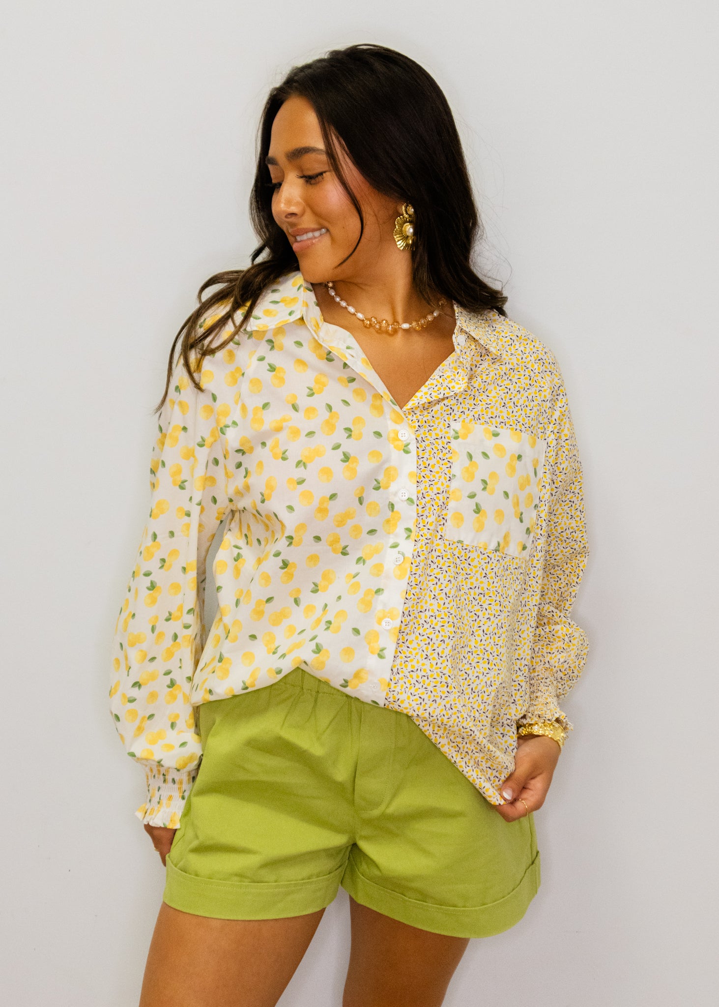 Ivory Multi Lemon Print Button Up Top