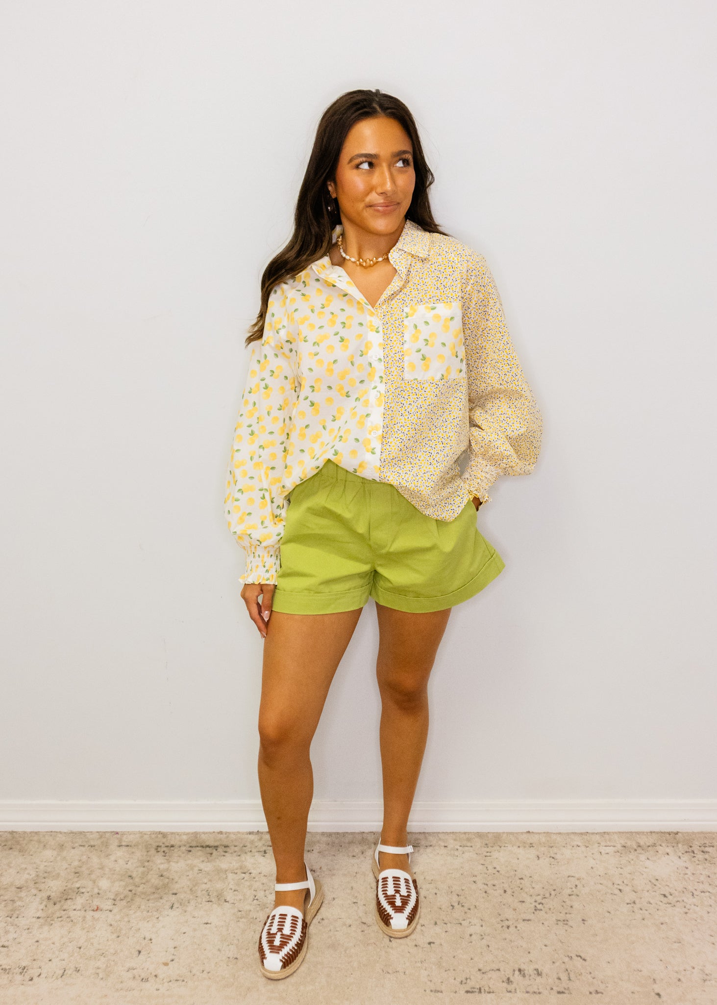Ivory Multi Lemon Print Button Up Top