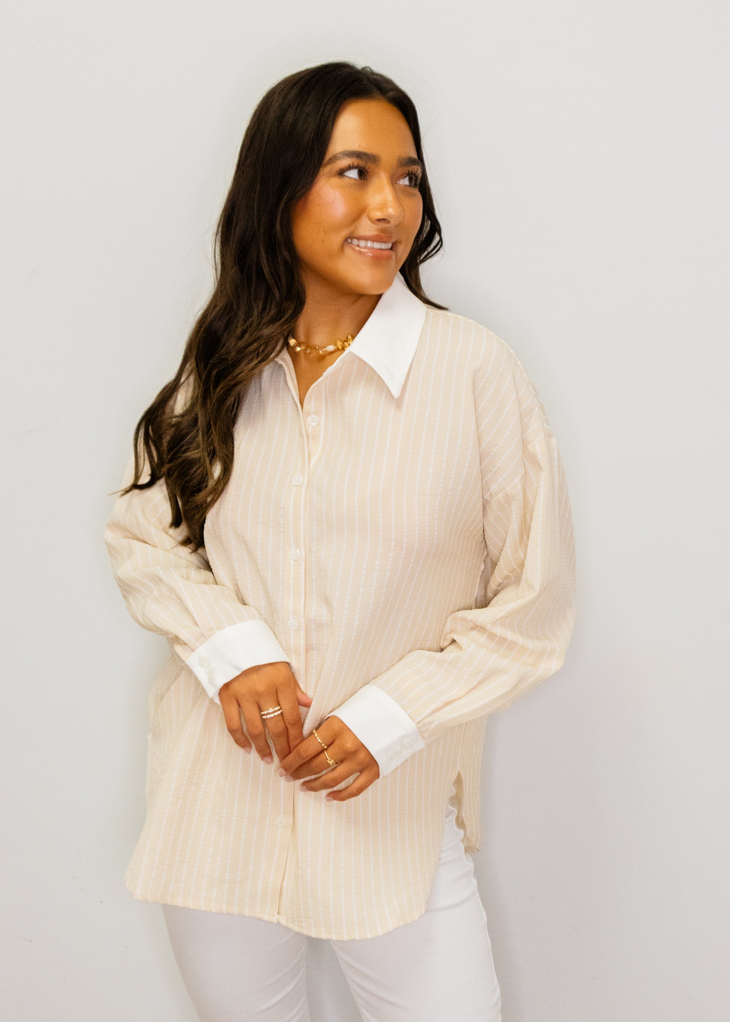 Sand Stripe Button Up Top