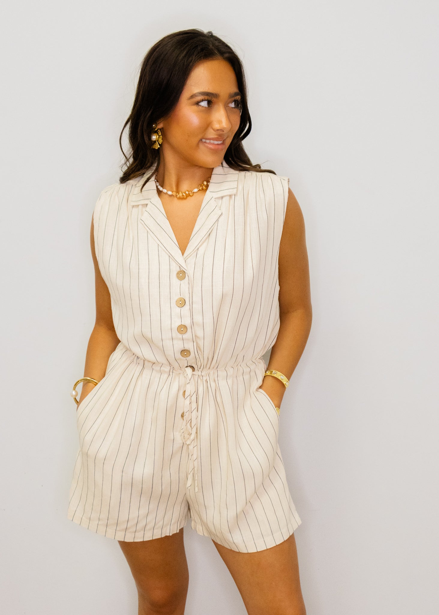 Natural Linen Stripe Collar Romper