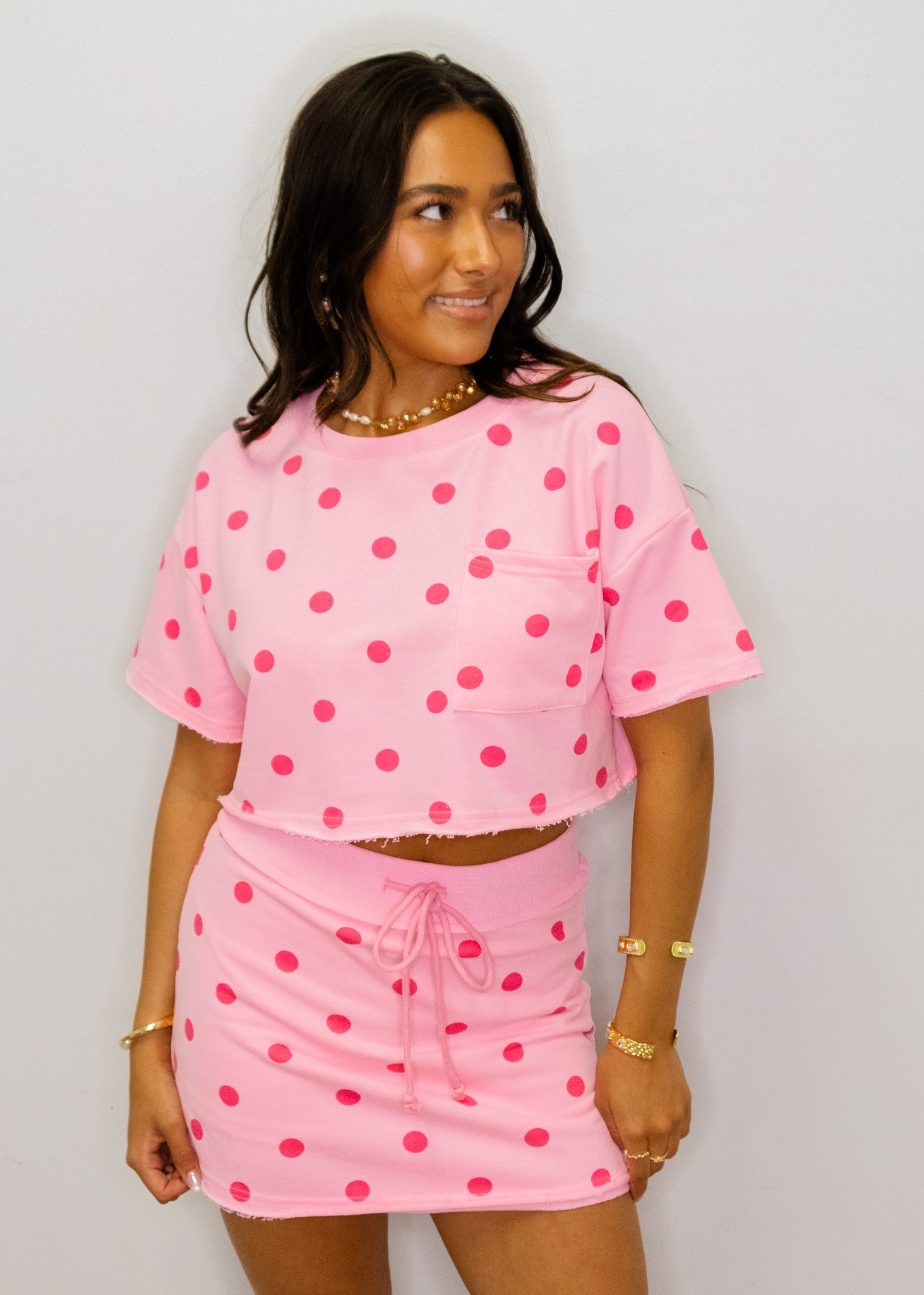 Pink Polka Dot Crop Top & Skort Set