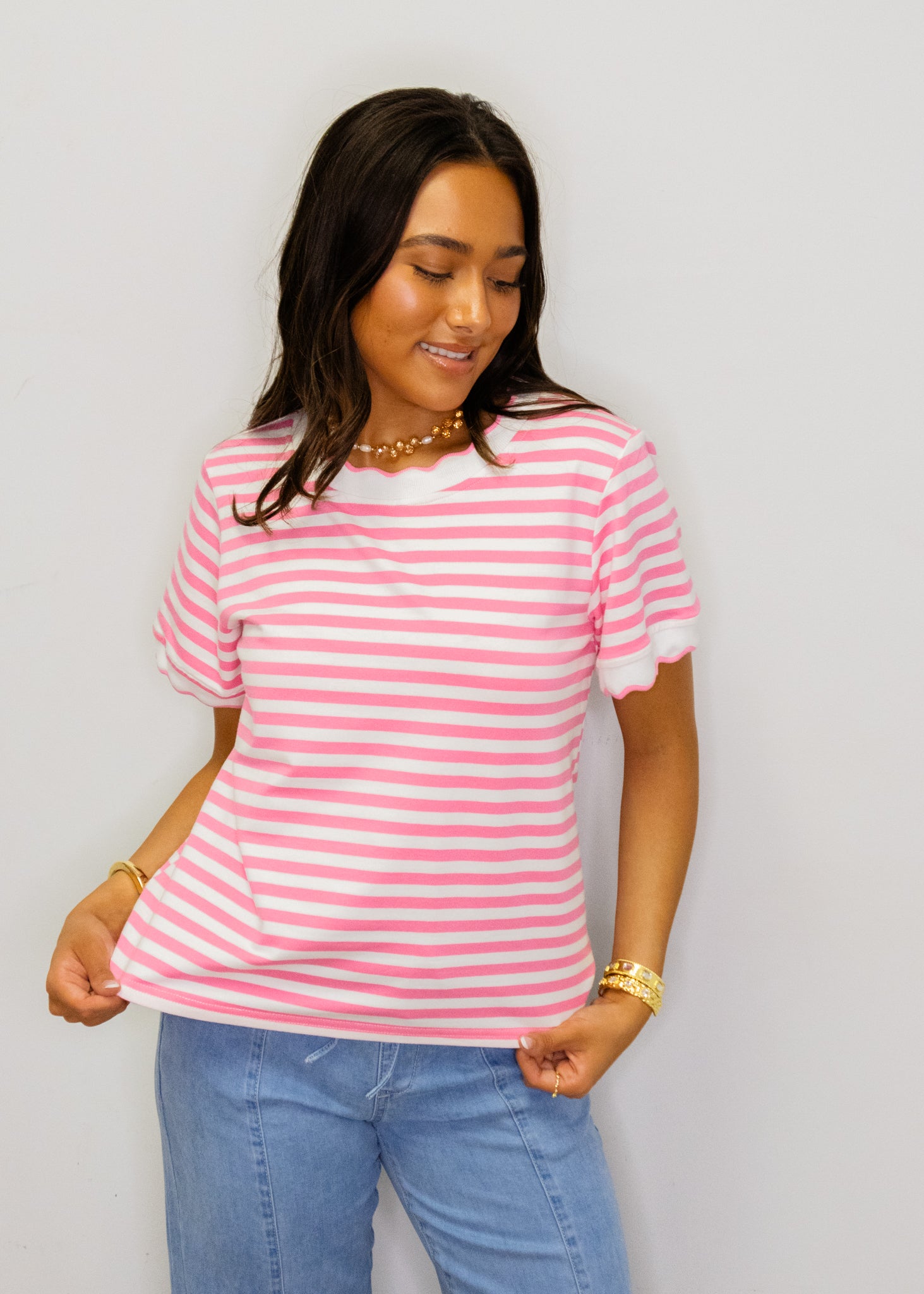 Pink Striped Scallop Edge Top