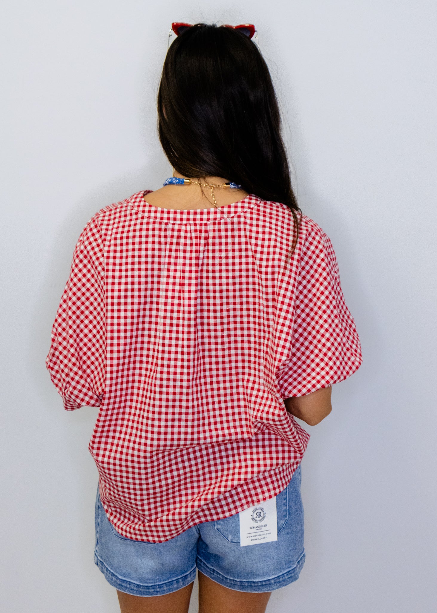Red Gingham Cotton Blend Top