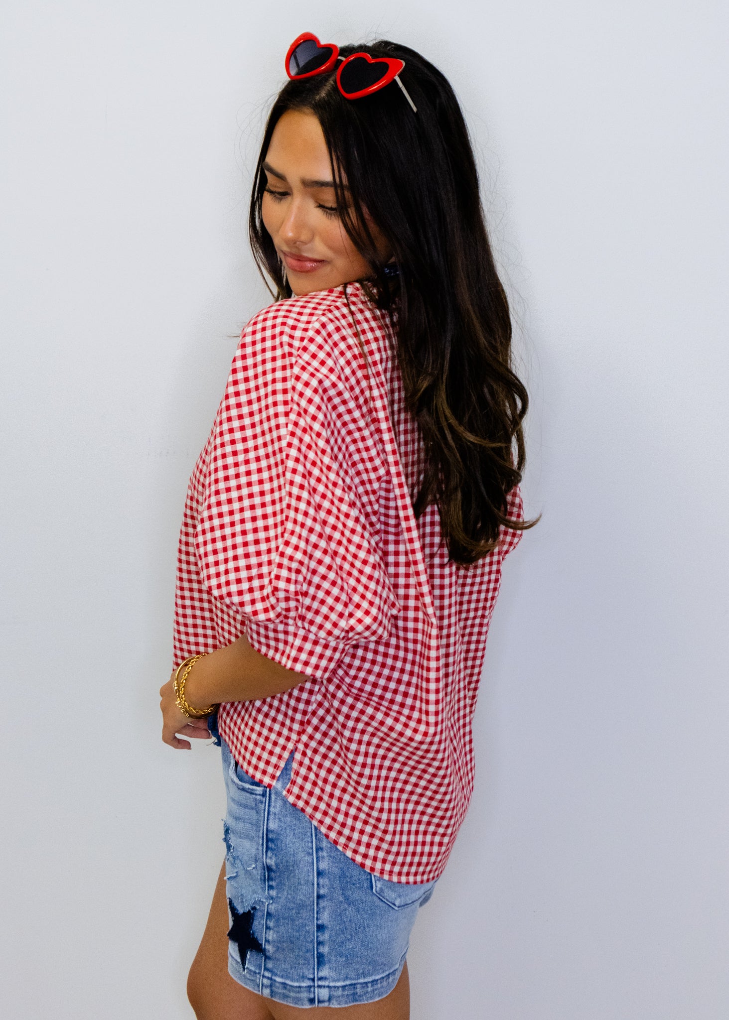 Red Gingham Cotton Blend Top