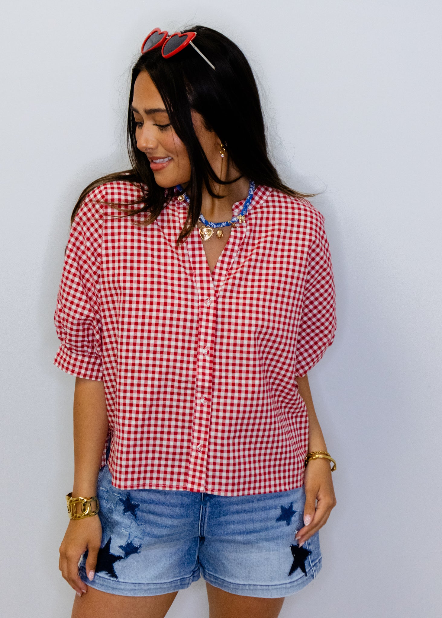 Red Gingham Cotton Blend Top