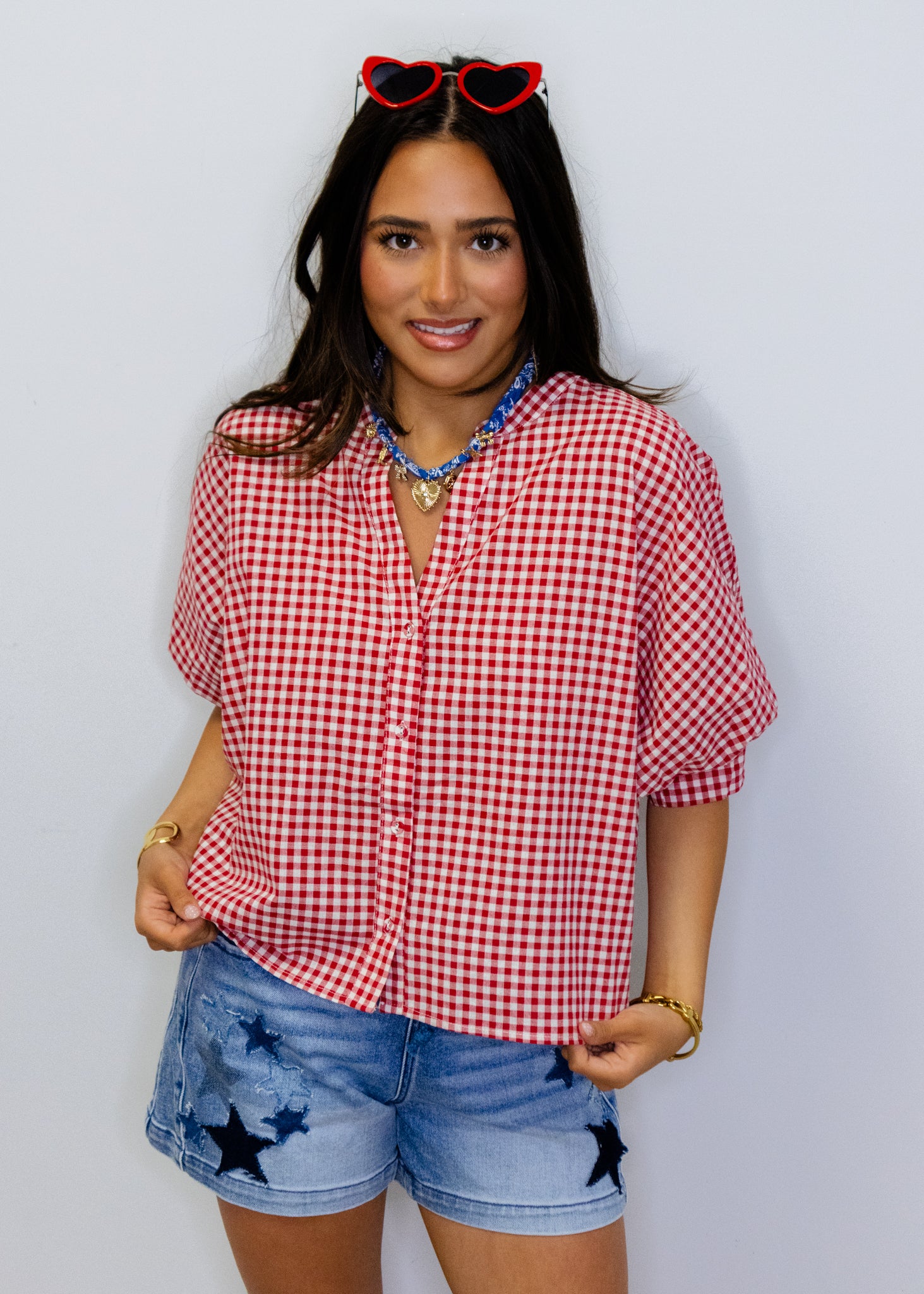 Red Gingham Cotton Blend Top