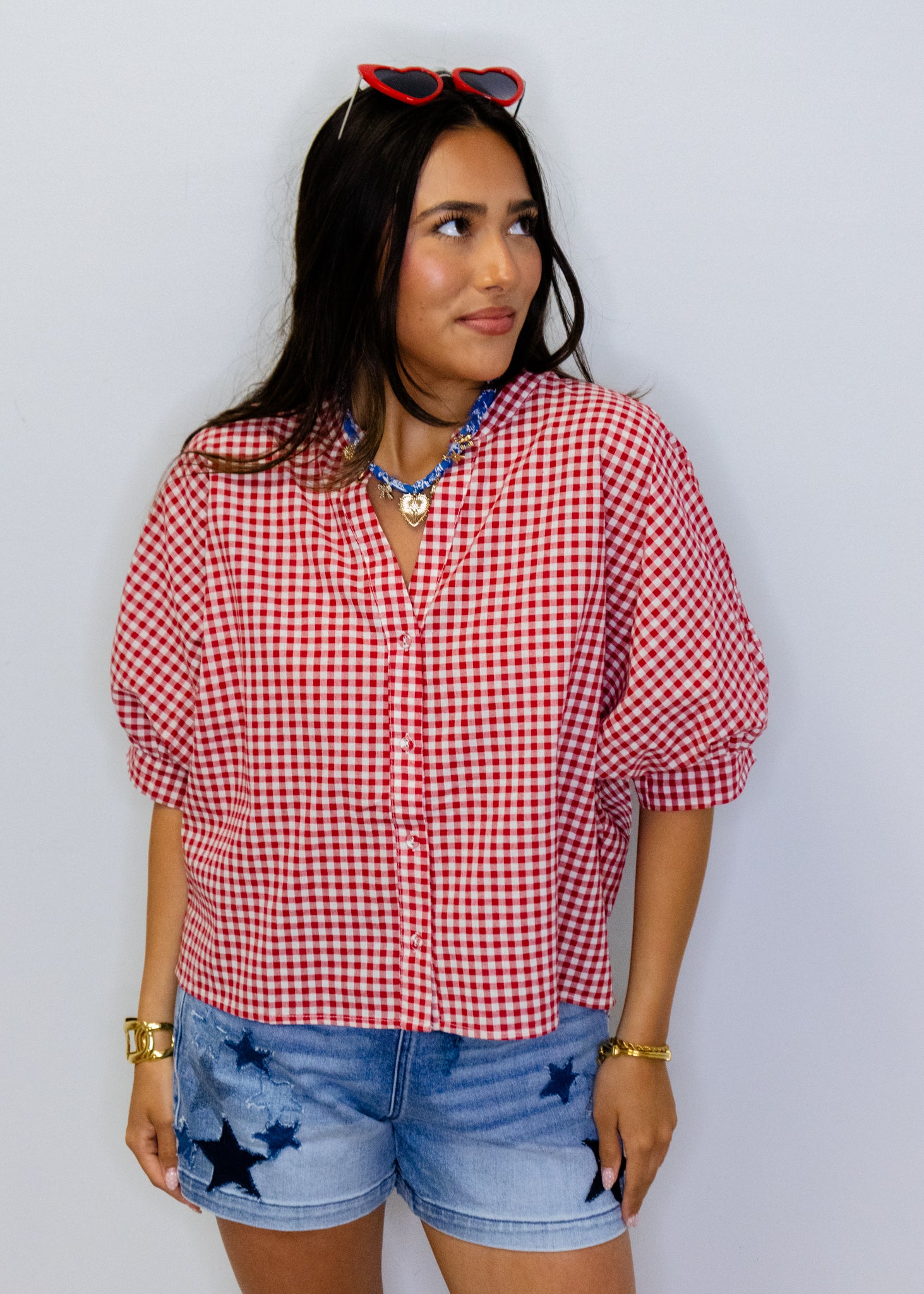 Red Gingham Cotton Blend Top