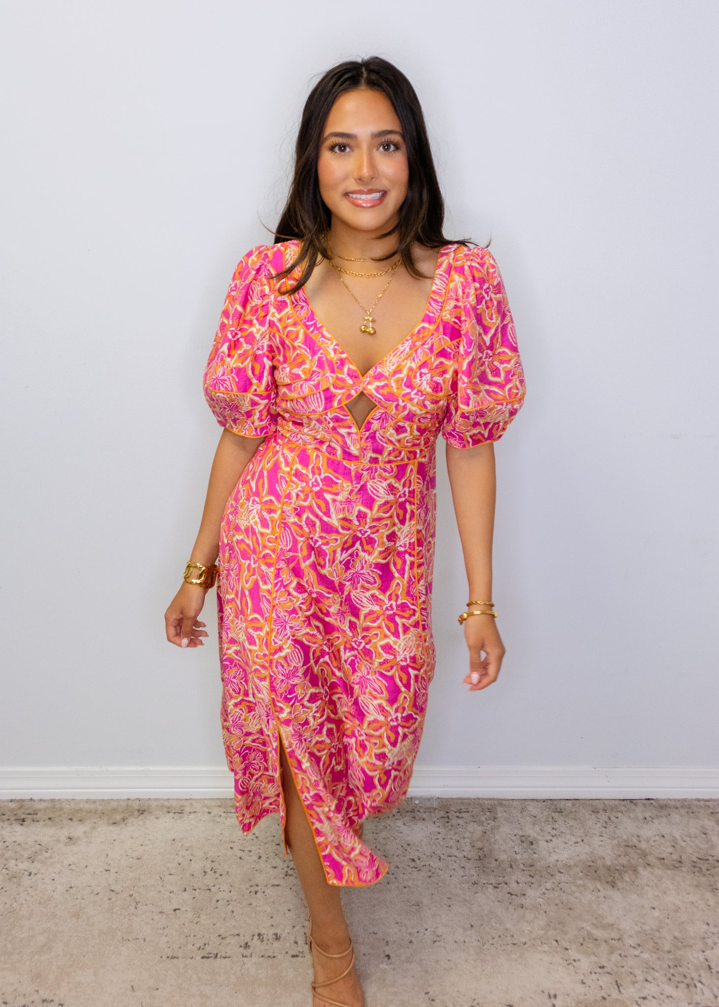 Pink Multi Floral Print Midi Dress