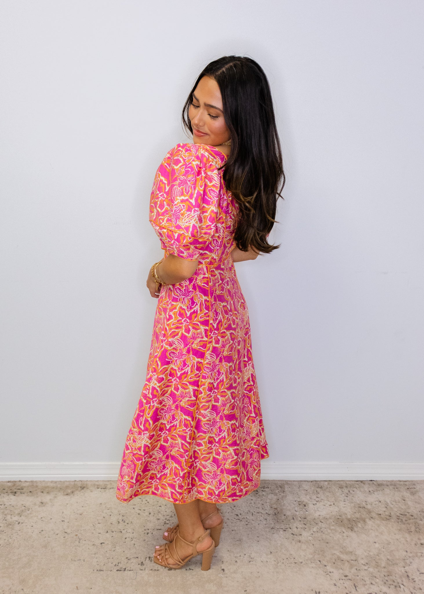 Pink Multi Floral Print Midi Dress