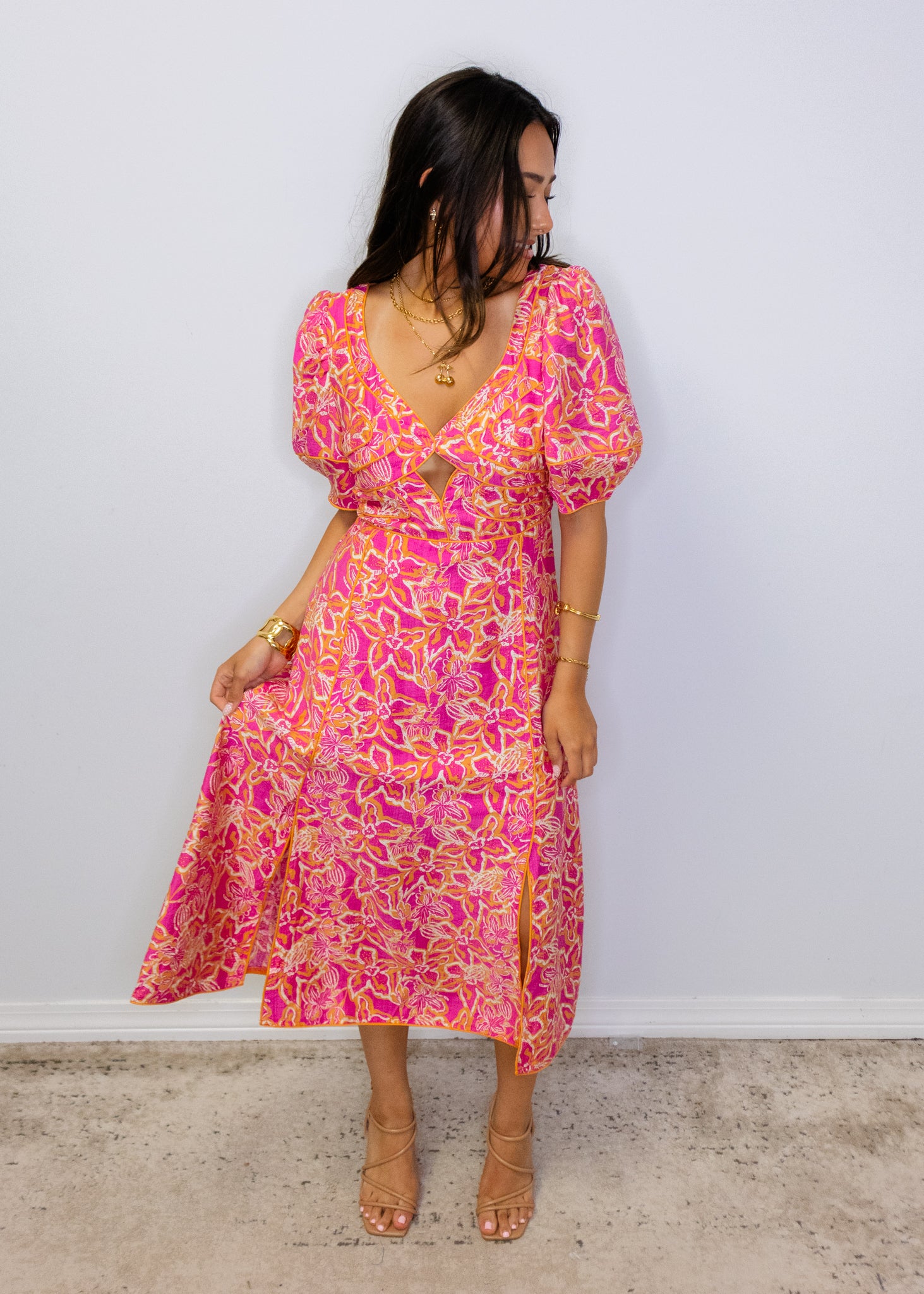 Pink Multi Floral Print Midi Dress
