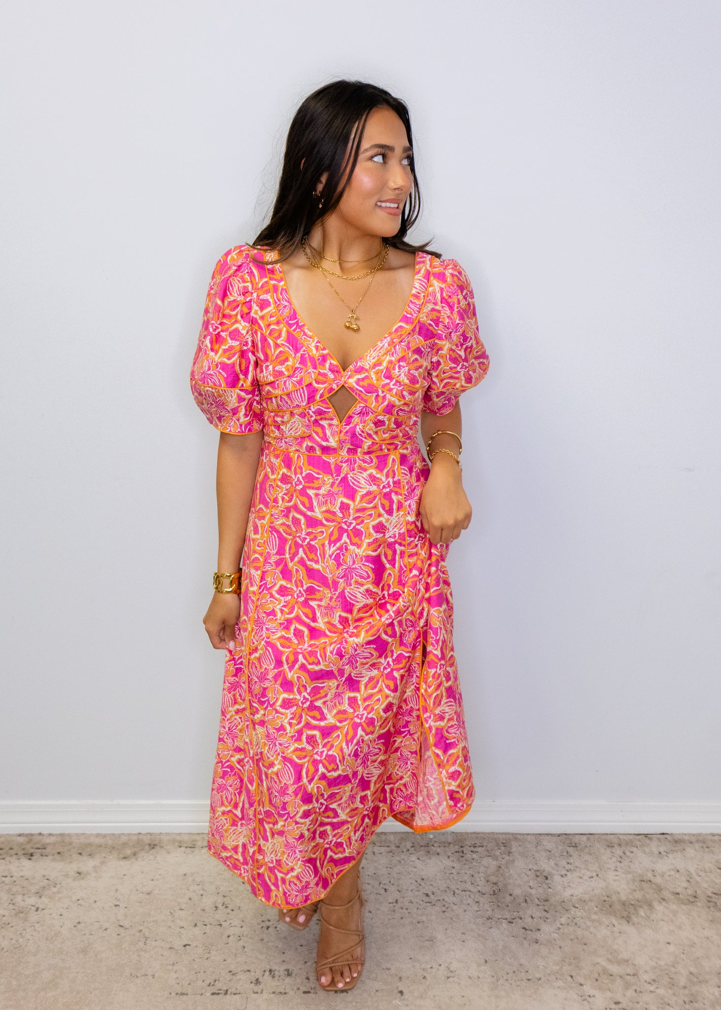 Pink Multi Floral Print Midi Dress