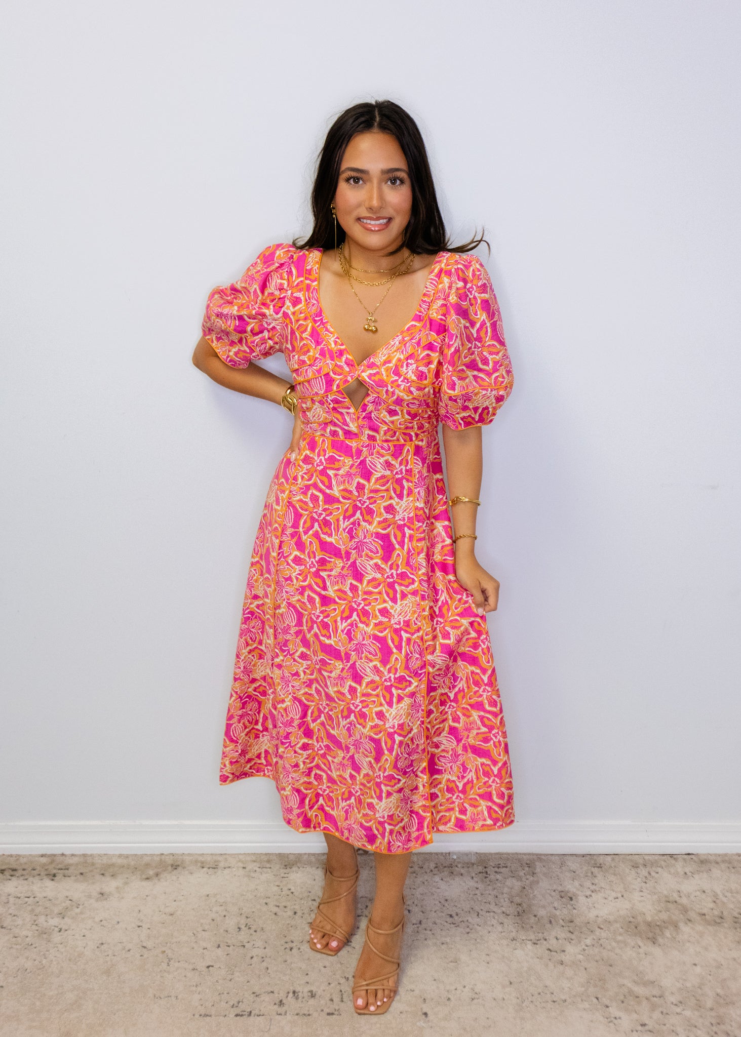 Pink Multi Floral Print Midi Dress