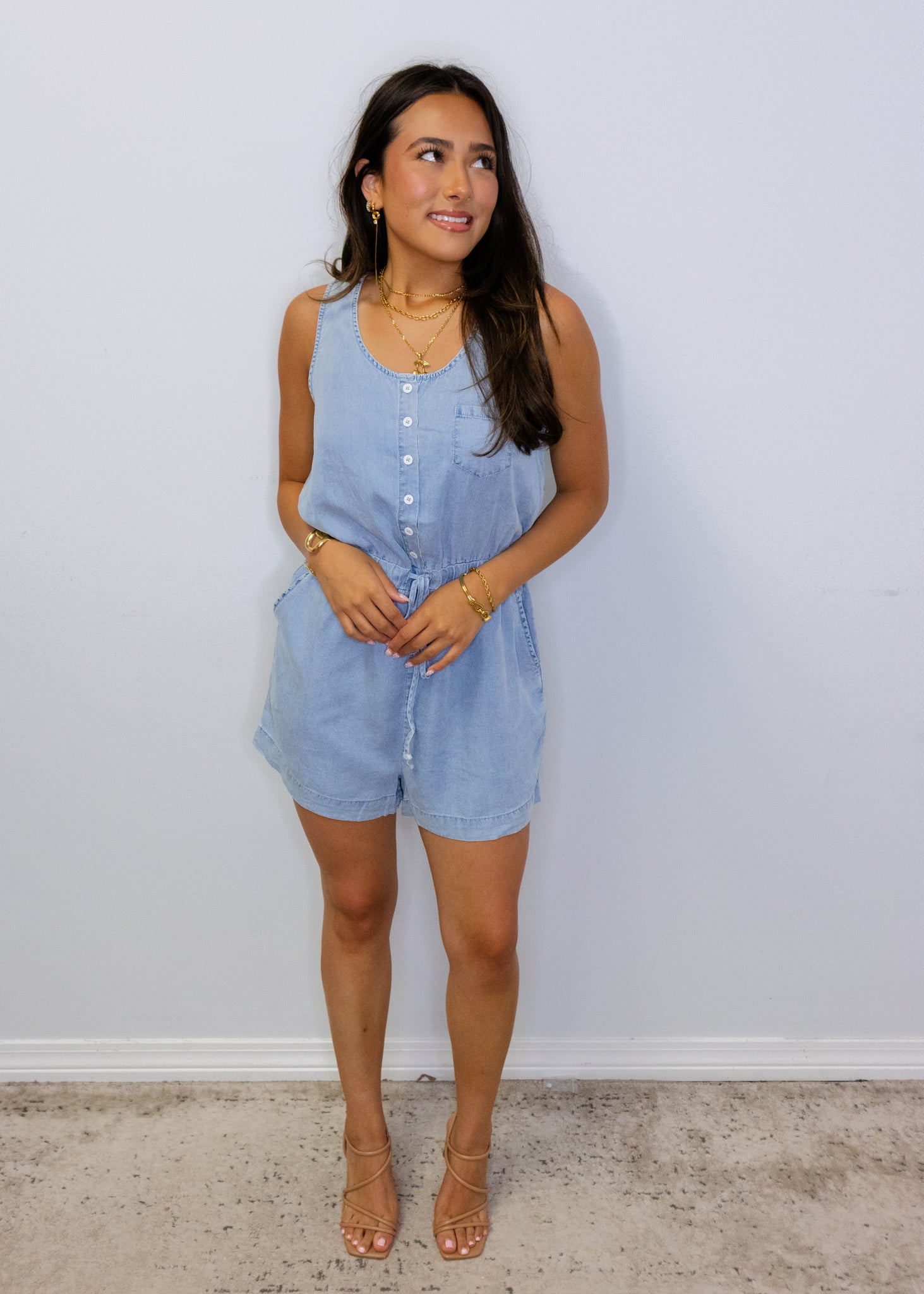 Light Denim Smocked Button Romper