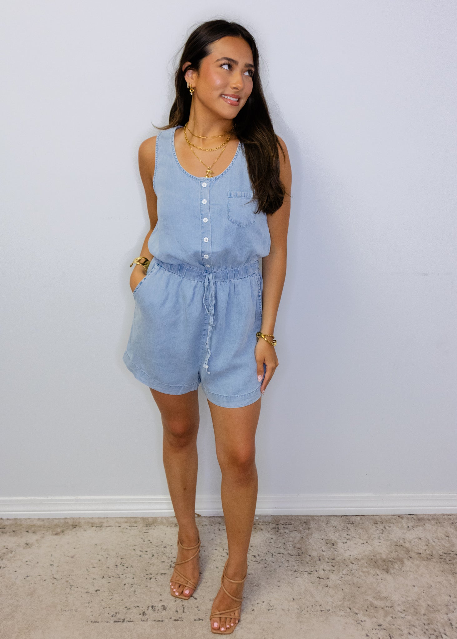 Light Denim Smocked Button Romper
