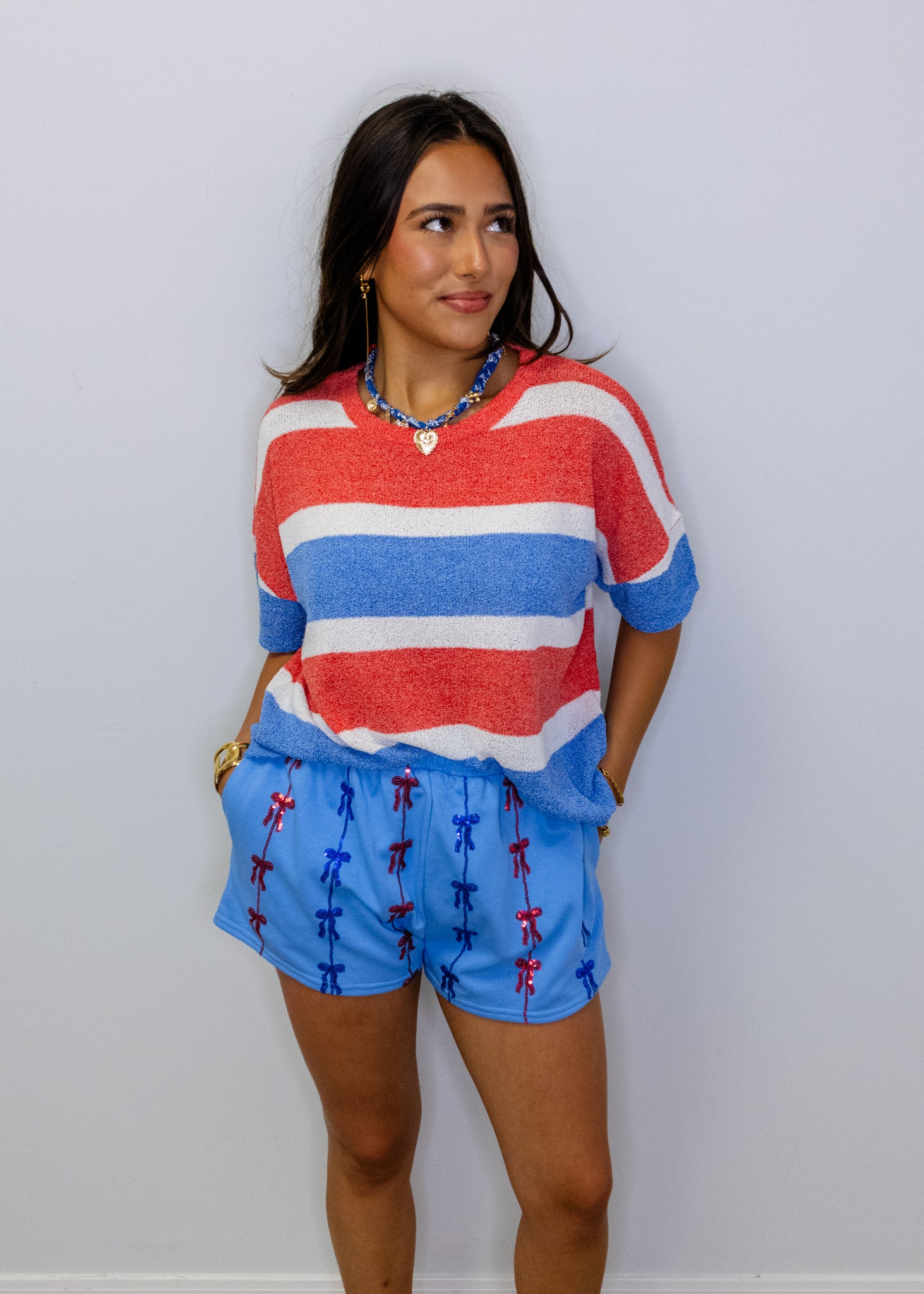 Blue Sequin Bow Shorts
